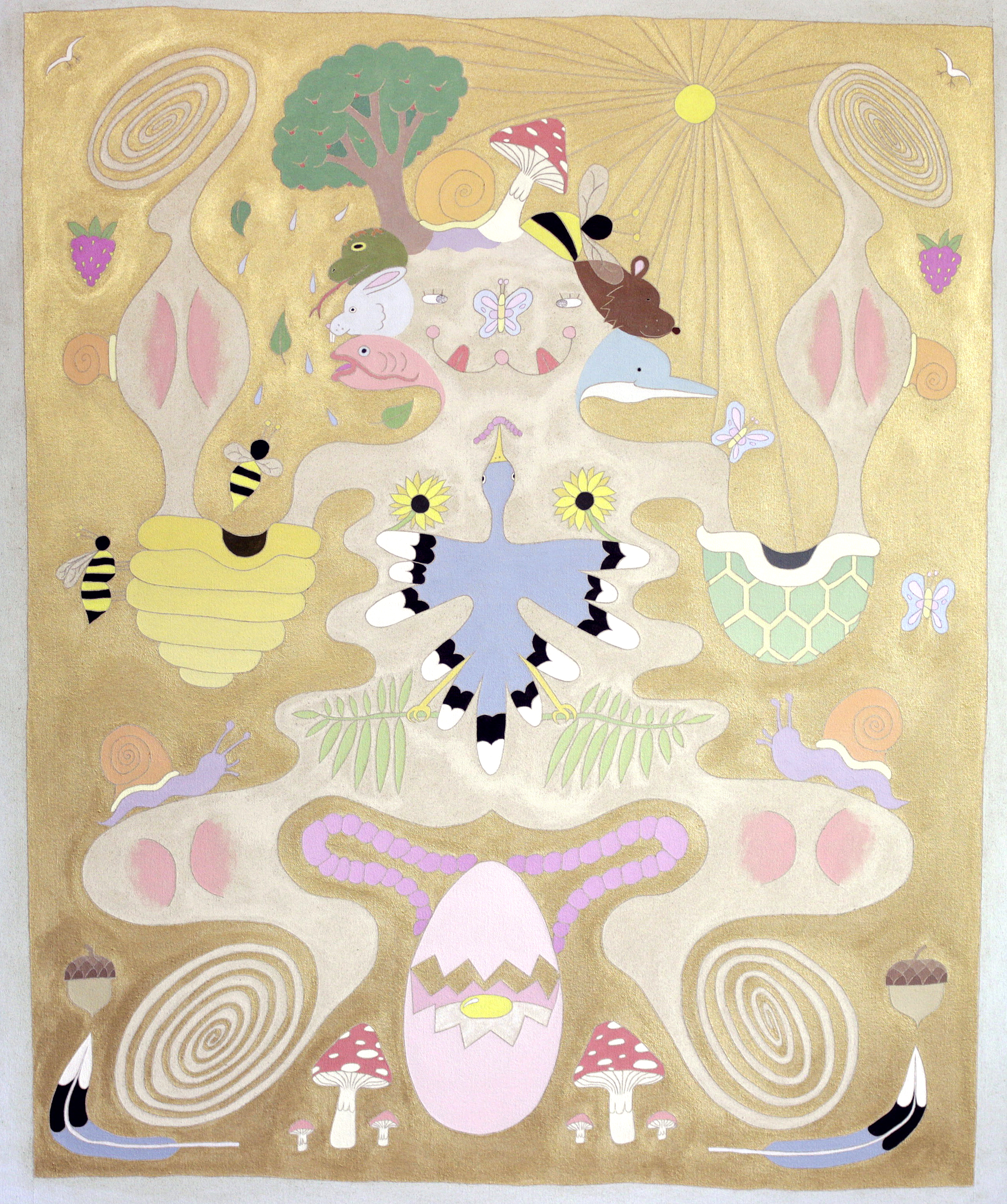 David Onri Anderson, Creature Creature, 2020, tree pollen, acrylic, and graphite on raw canvas, 32" x 38"
