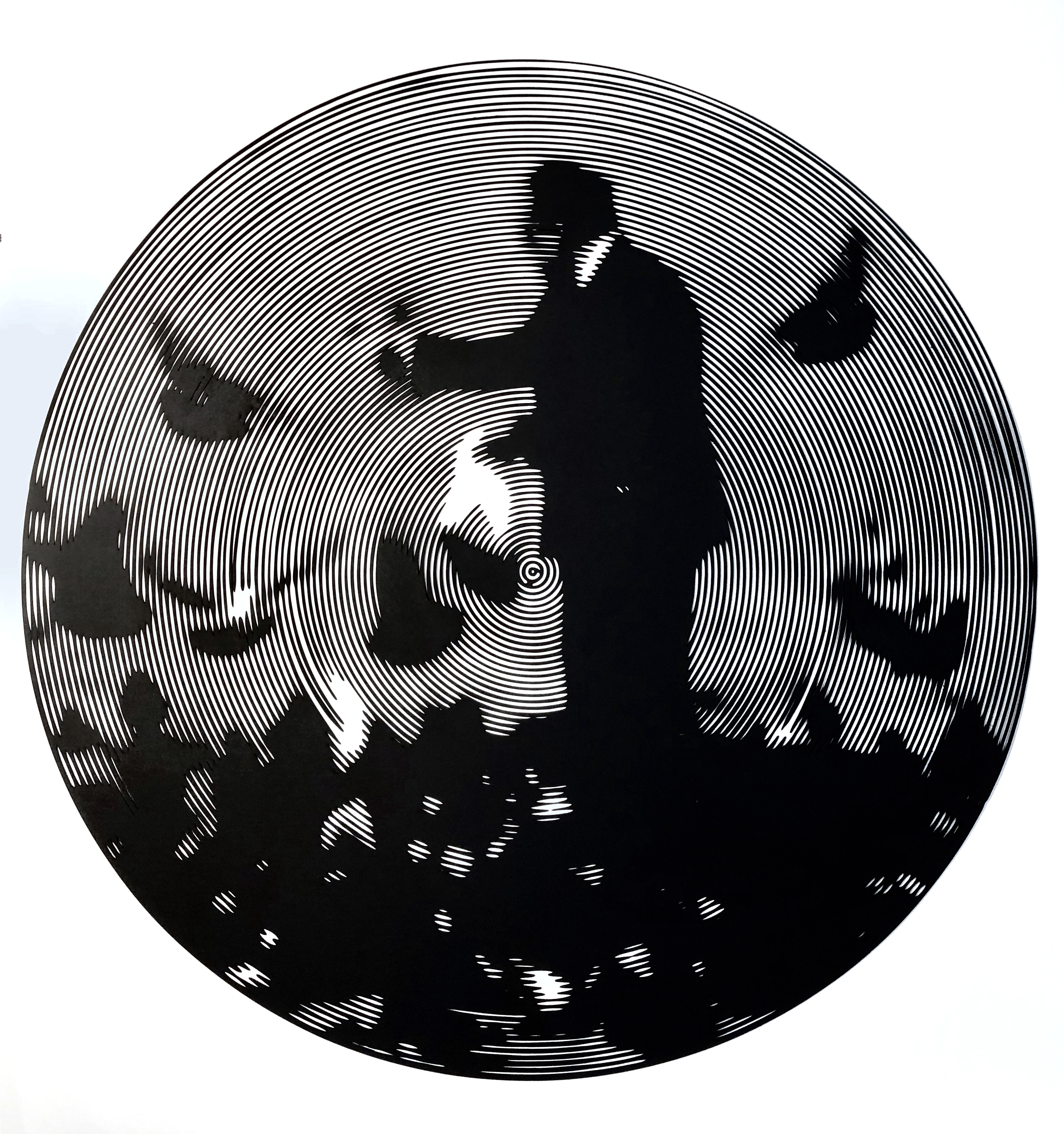 Nelson Gutierrez, Pigeon Man, 2019, 31 inches in diameter, cutout cotton mat board