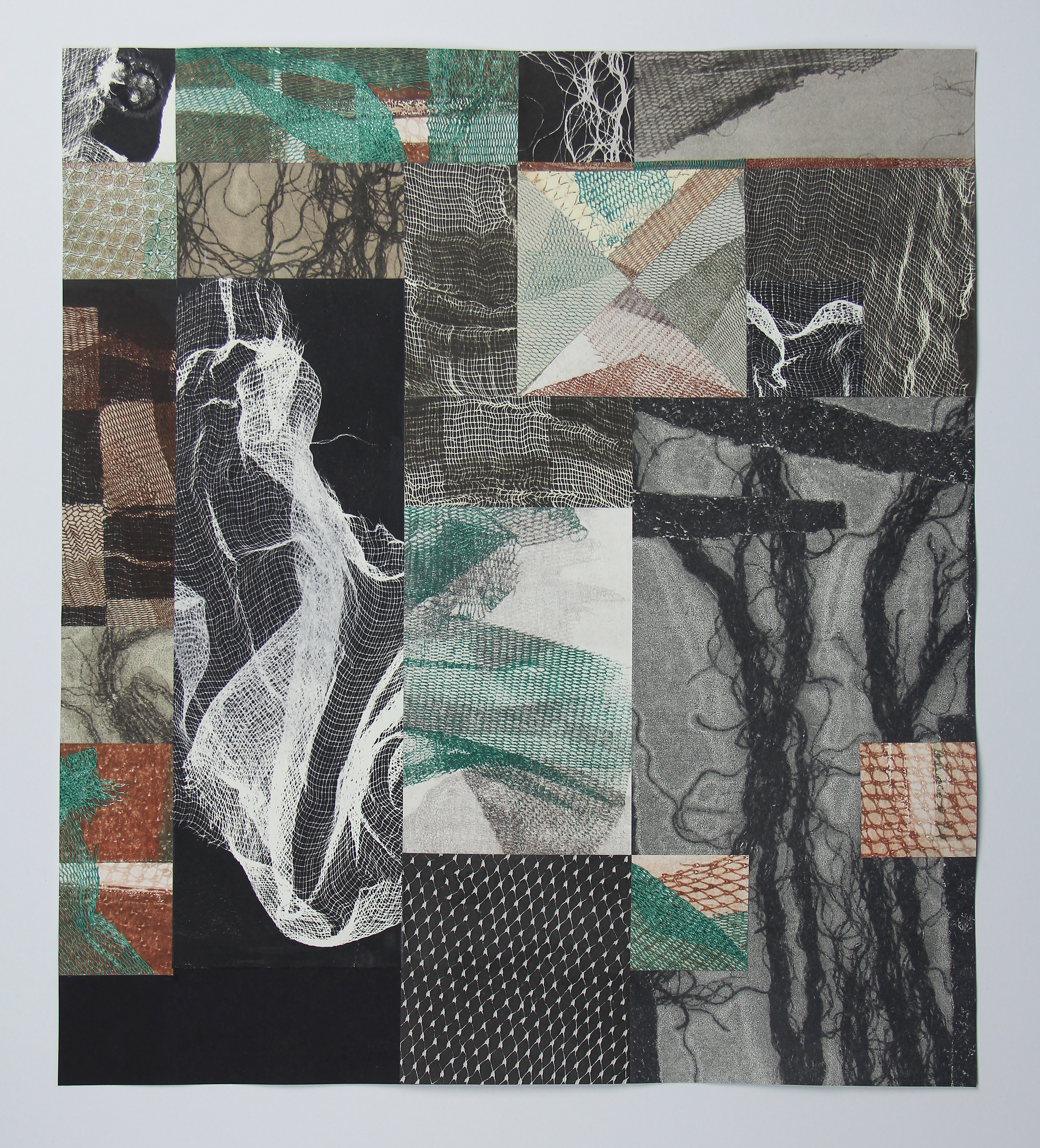 Kimberly Dummons, Rooted Memory, 2019, monotype collage, 18" x 20"