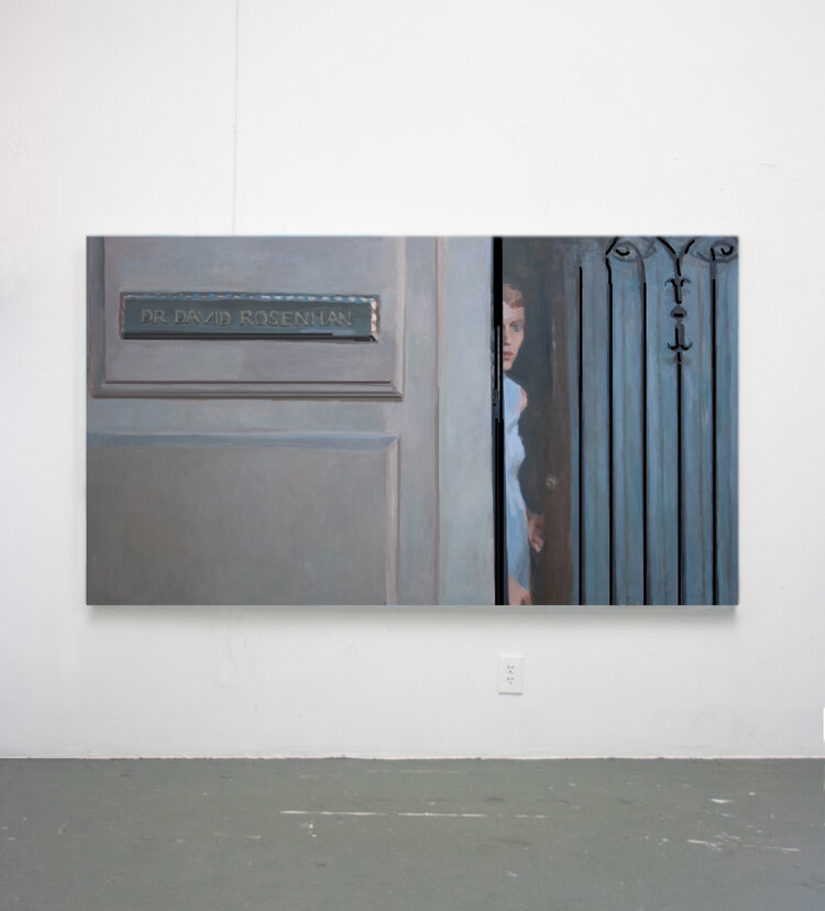 Morgan Ogilvie, (Painting of woman in blue dress peeking out of doorway) Part of series This is No Dream, Still 1, 4 x 7 ', Oil on Canvas, 2019.
