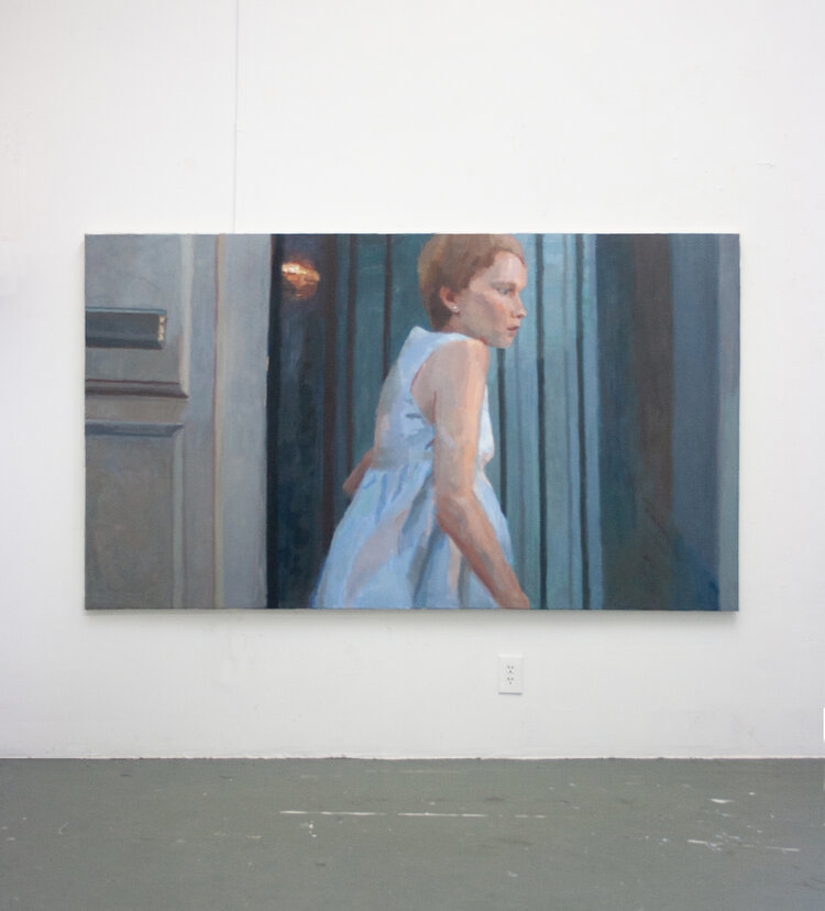 Morgan Ogilvie, (Painting of woman in blue dress, clearly pregnant, walking) Part of series This is No Dream, Still 2, 4 x 7'. Oil on Canvas, 2019.