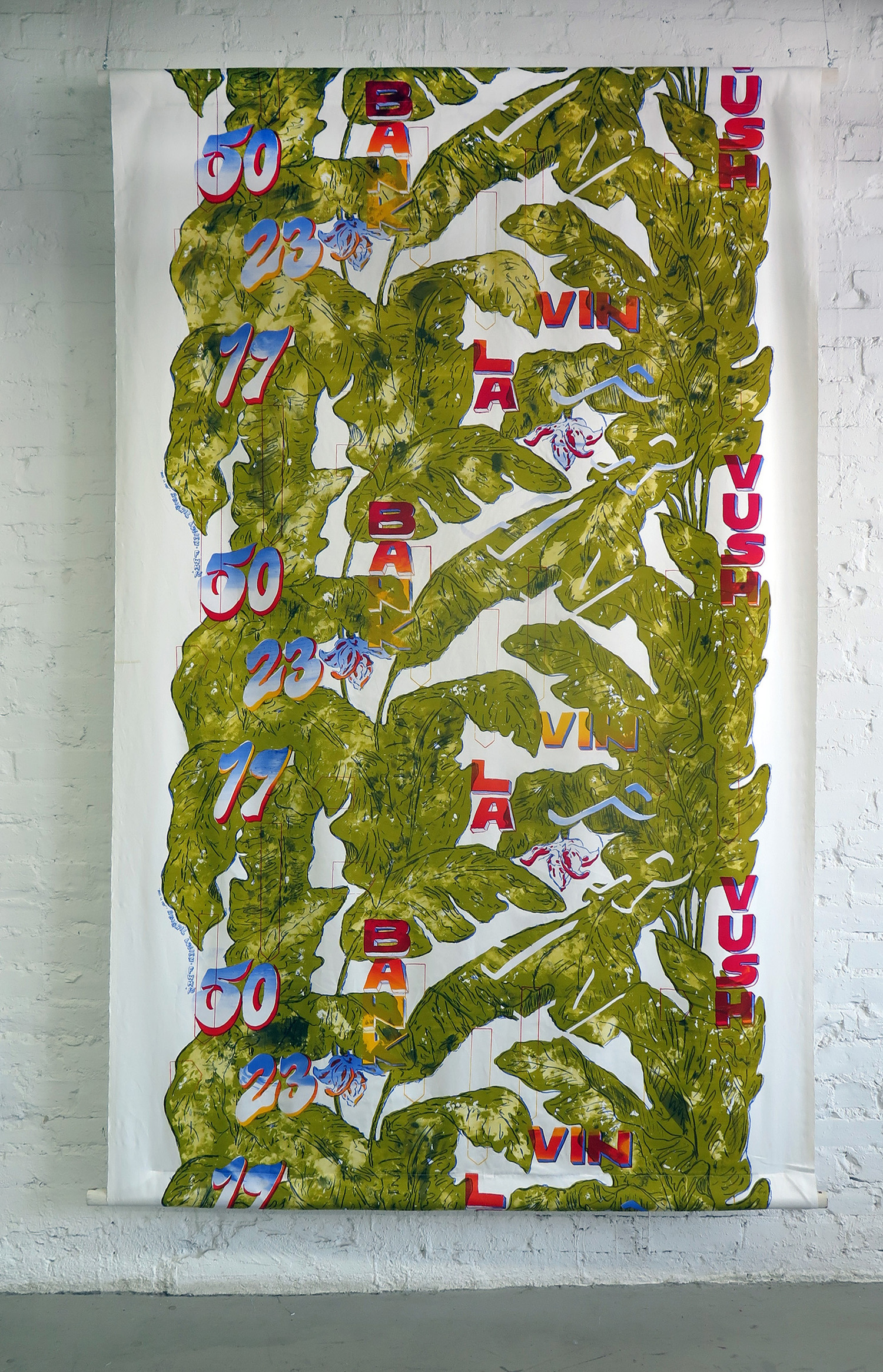 BANK LA VUSH, silkscreen pigment on cotton sateen, 40” x 36” repeat yardage. Printed at The Fabric Workshop and Museum, Philadelphia, PA, Summer 2015. Photos by Carlos Avendano and Ryan Parker