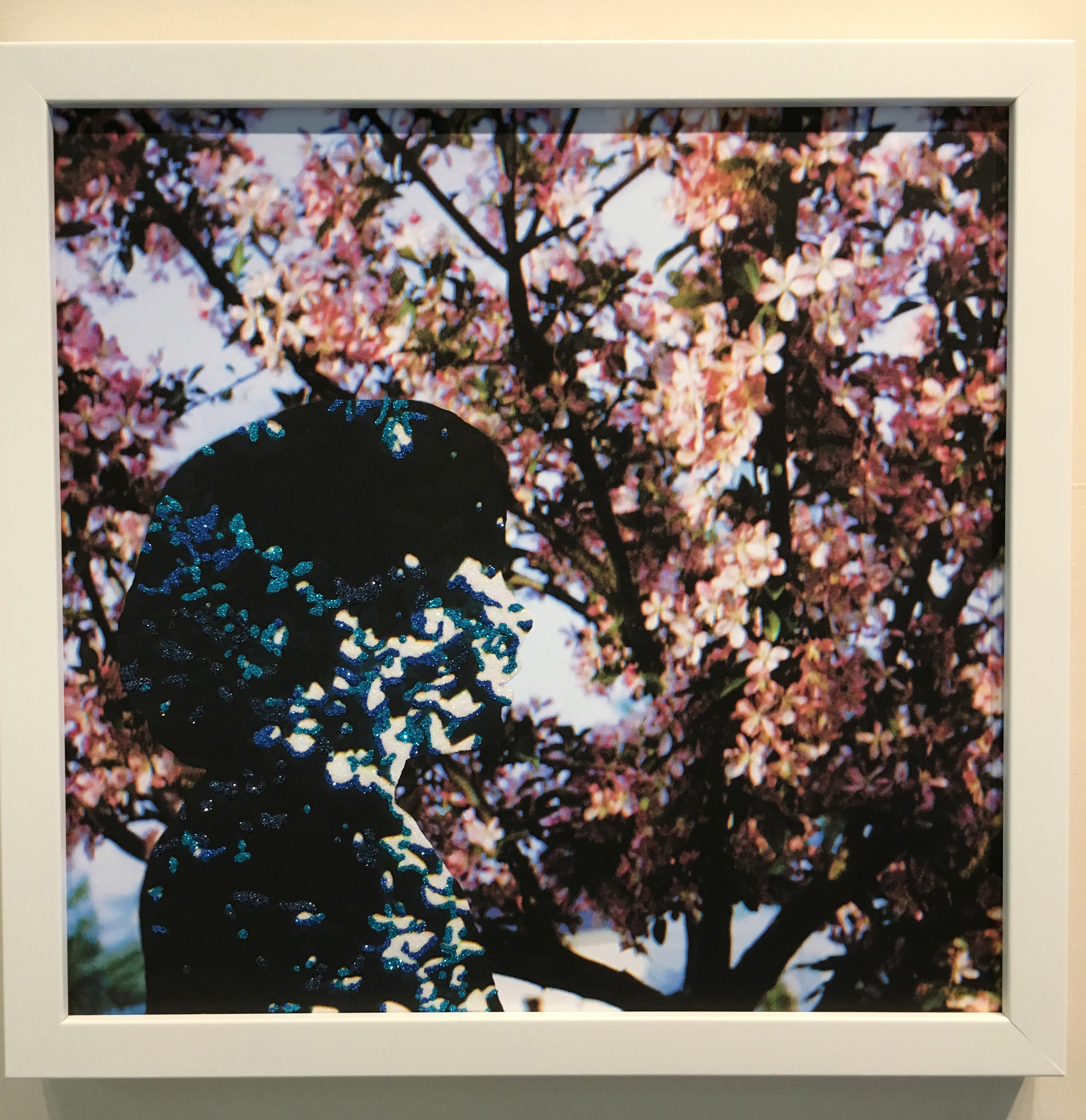 Kelly Hider, Andrea's View, enlarged found photograph, Photoshop, glitter flocking, 2018, each panel: 12" x 12"