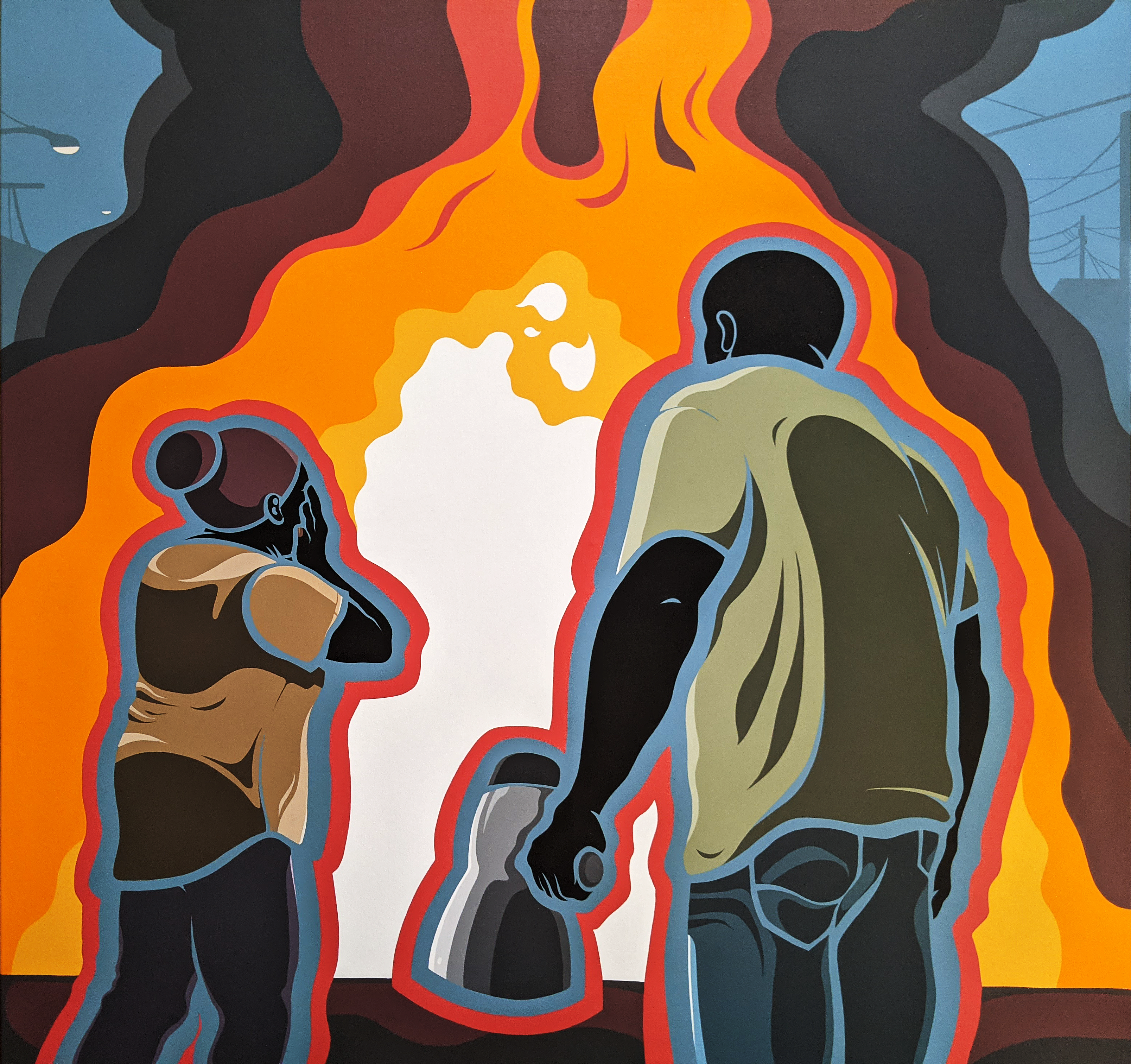 Carl E. Moore, Protest and Fire, 2020, acrylic on canvas, 48" x 48" Carl E. Moore, Protest and Fire, 2020, acrylic on canvas, 48" x 48"
