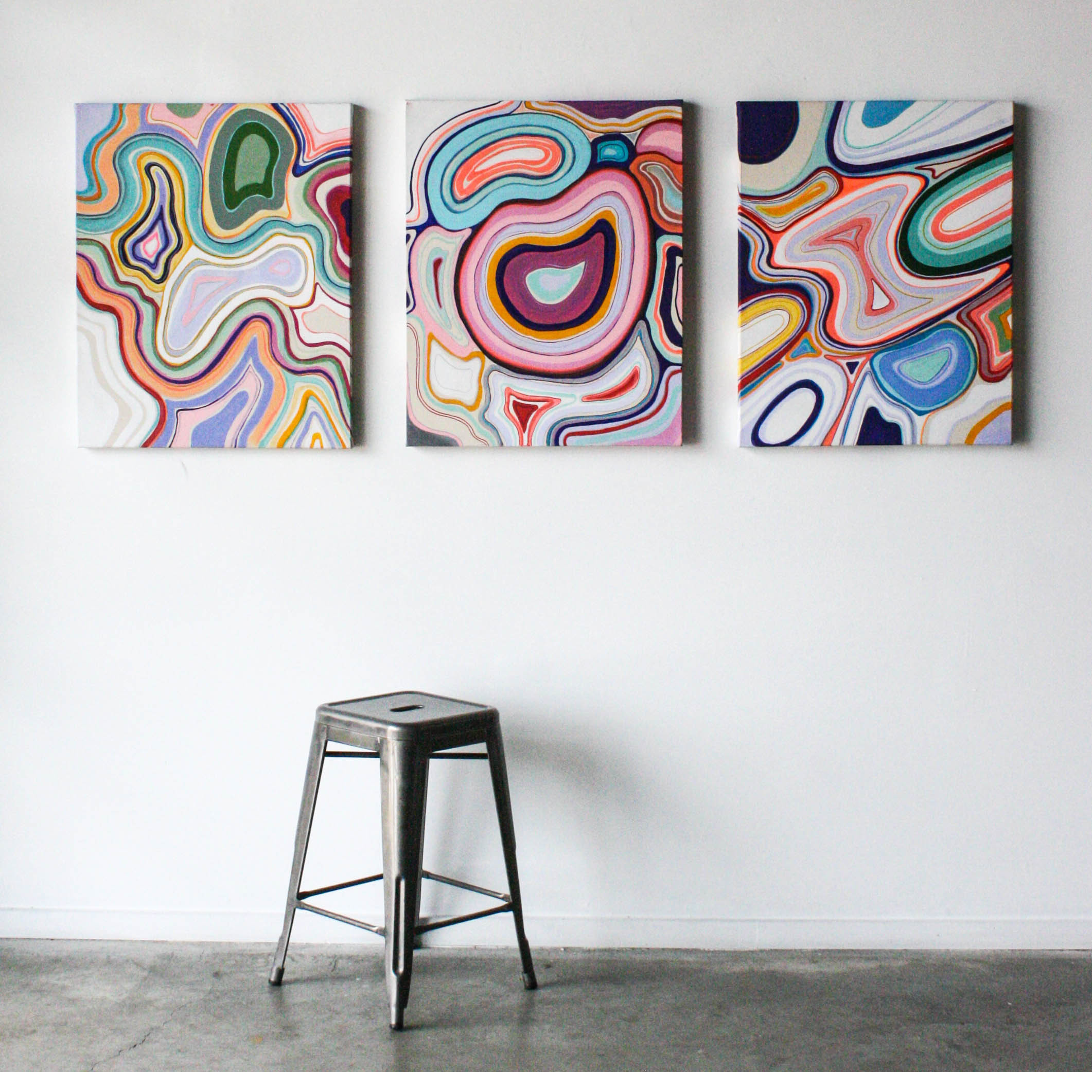 Duncan McDaniel, Chroma Rapport, 2020, 30”x 84” (triptych), acrylic on canvas