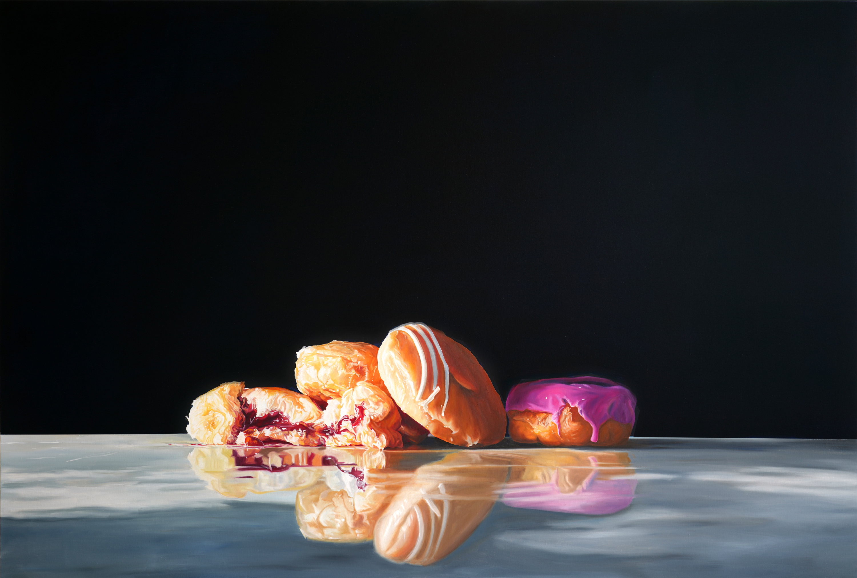 Denise Stewart-Sanabria, Donuts Behaving Badly, 2023, early morning oil on linen, 48” x 72”