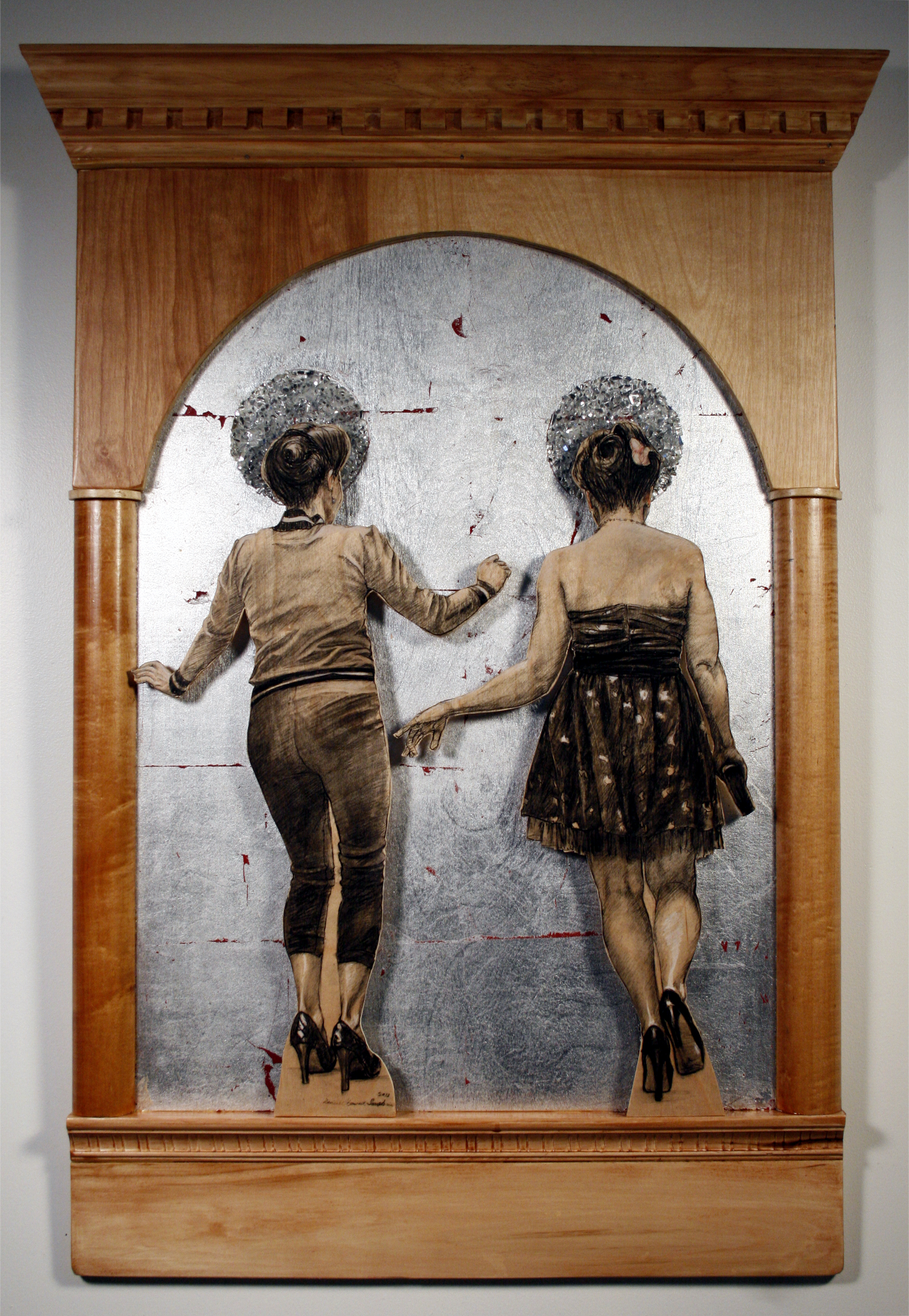 Denise Stewart-Sanabria, Saint Vitus Retro, 2013, charcoal on plywood, silver leaf, mirror shards, hand built wooden altar frame, 40” x 24”