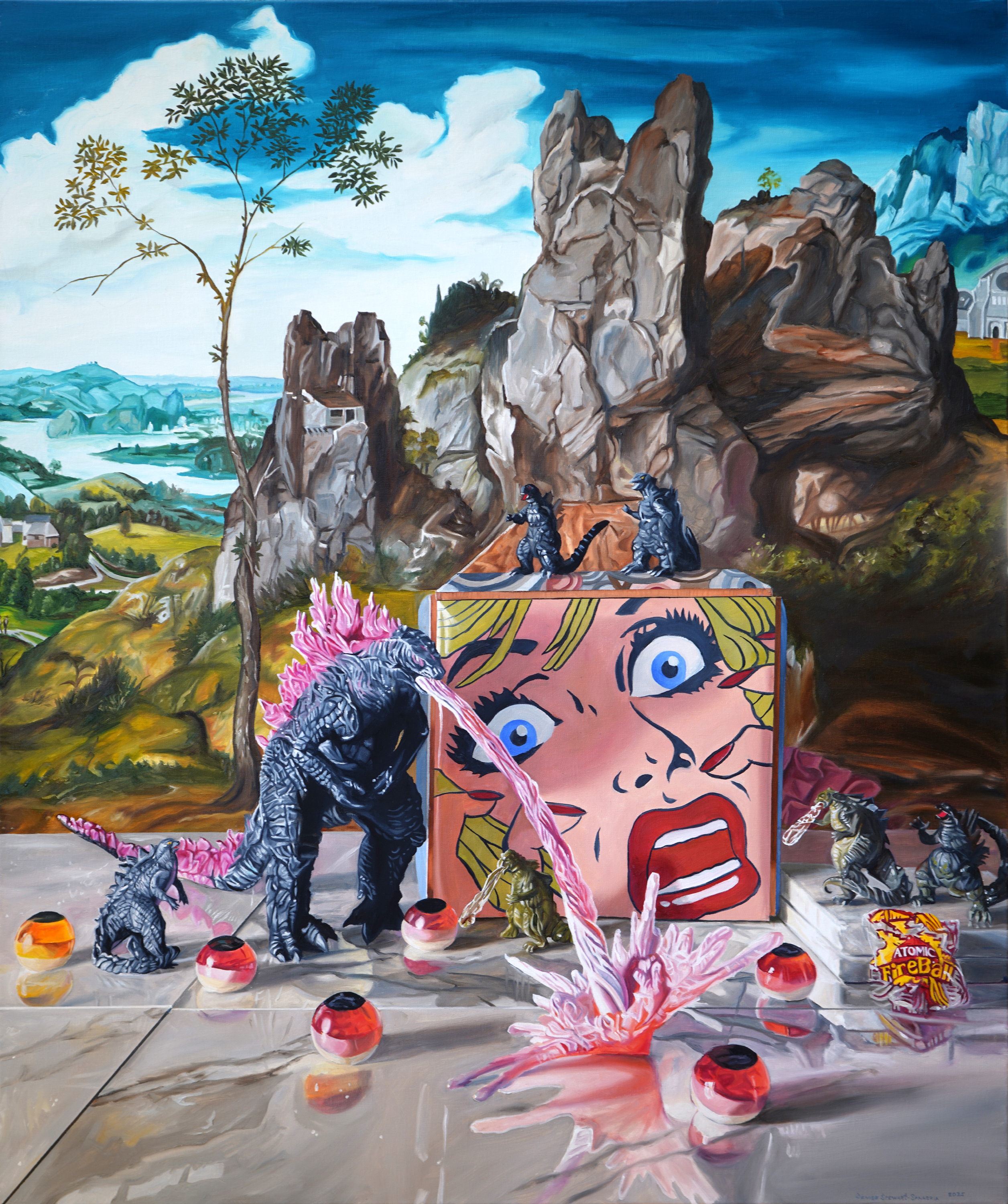 Denise Stewart-Sanabria, Teaching to Laser Blast, 2025, oil on linen, 34” x 30”