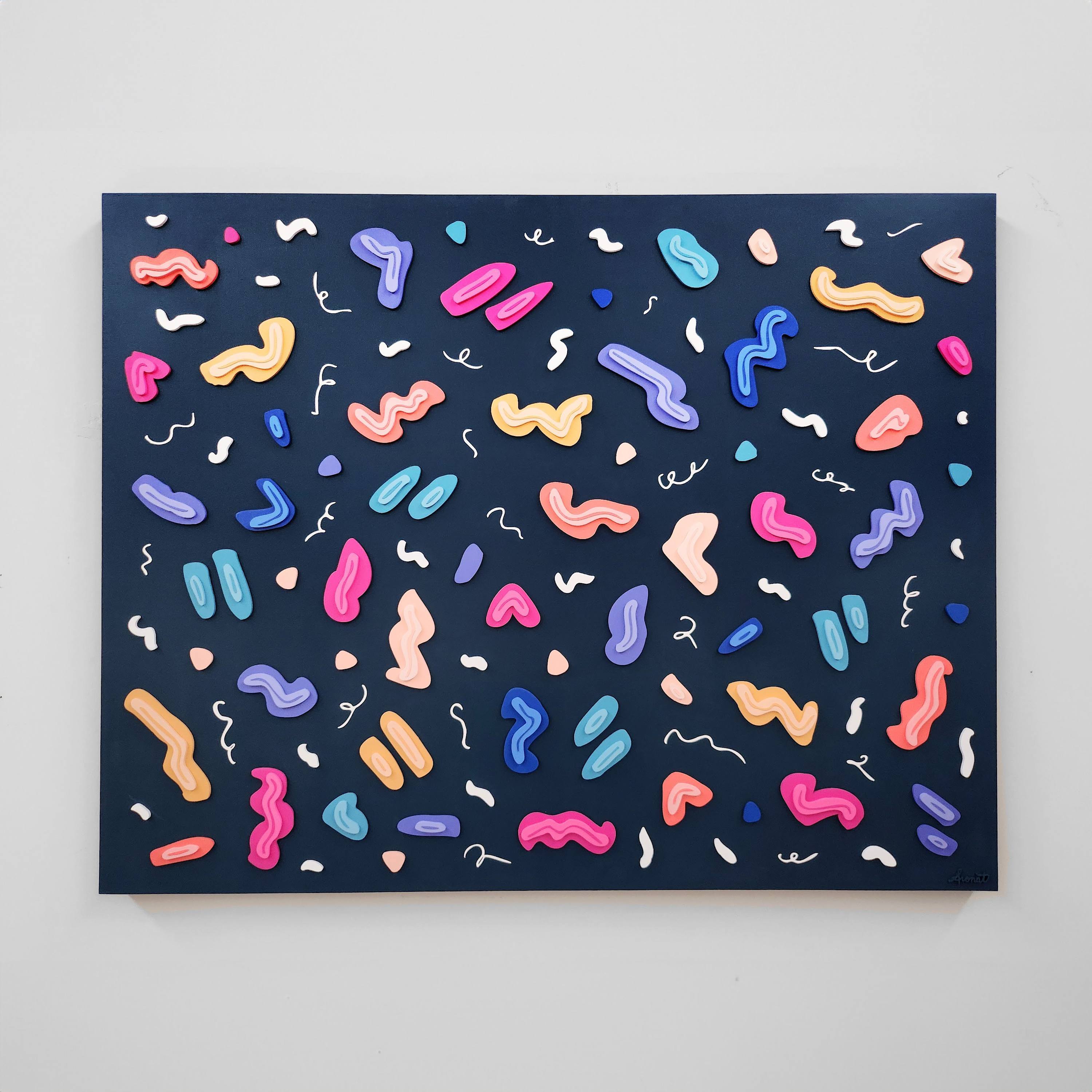 Entanglement Rhapsody, acrylic-painted, laser-cut wooden & paper shapes on panel, 35" x 45" Entanglement Rhapsody, acrylic-painted, laser-cut wooden & paper shapes on panel, 35" x 45"