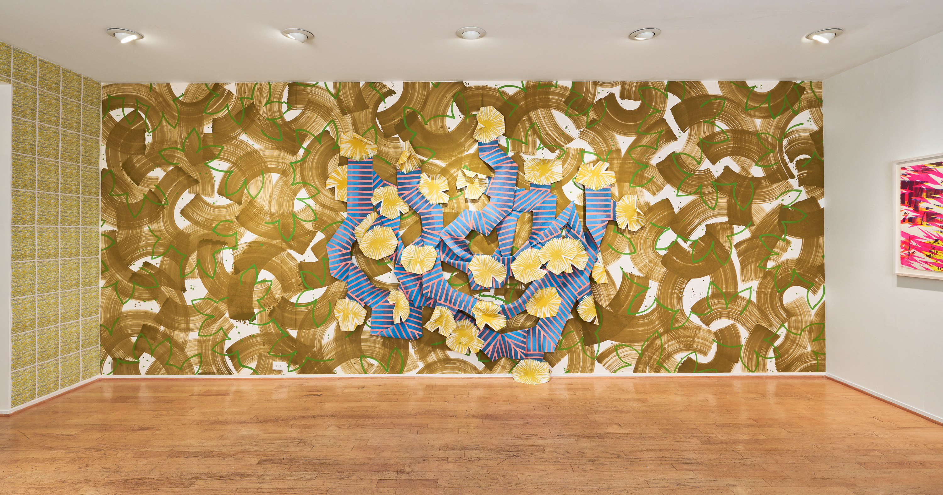 Sloppy Espalier, 2018; Installation for MILIEU: Erin Harmon and Devon Tsuno, LAUNCH, Los Angeles; Painted muslin wall covering, painted and cut muslin garland, wood blocks, painted magnets Approx. 670.56cm x 274.32cm