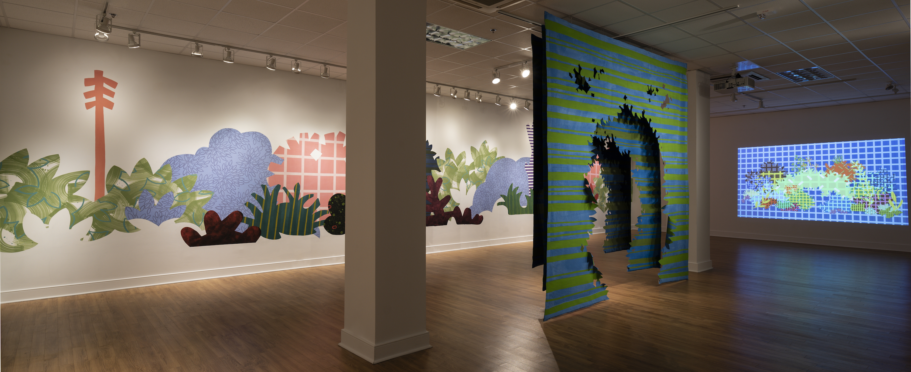 Installation of “Aggregate Optics of Make-A-Do” 2019; University of Memphis, Fogelman Galleries; Works from right to left: Blinky Bricolage (2019) 3 minute animation on loop, projection; Proscenium Hedgerow (2018) 11ft x 10ft x 2ft; series of three latex on cut muslin panels; Piecemeal Promenade (2019) 48ft x 11ft; latex on muslin cut-outs, adhered to wall