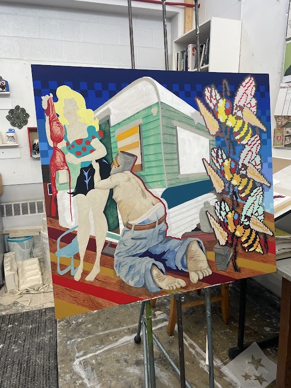 Isaiah Kennedy, progress photo of Betrayal, Bees, and New-Found Bras, 2025, acrylic, watercolor, gouache, graphite, and ink on wood panel, 34.5" x 38"