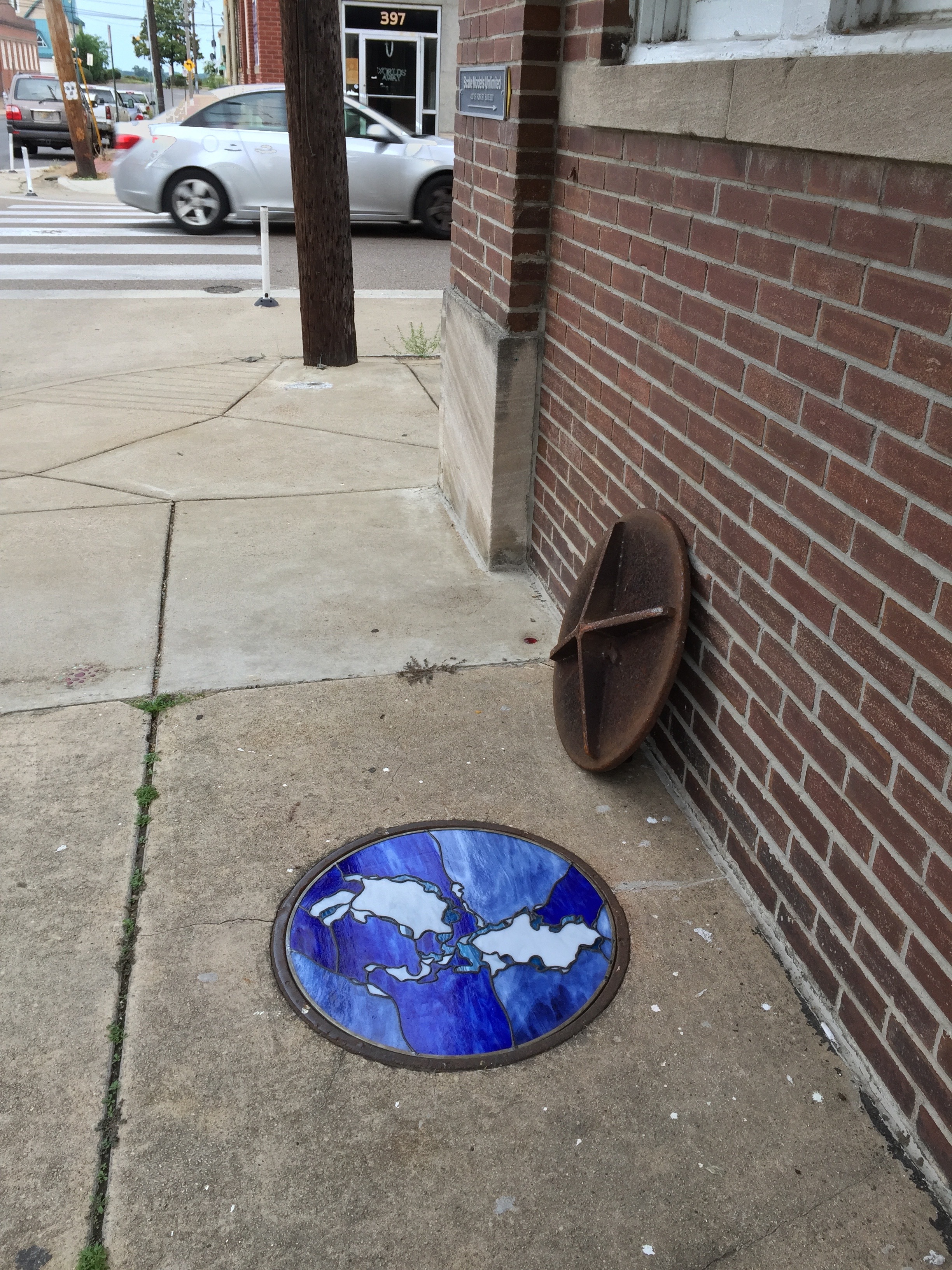 Haynes Riley, Great Blue Sky, 2016, Stained Glass, 24" Diameter, from the An Attitude You Can Wear exhibition, Tops Gallery (June- August 2016)