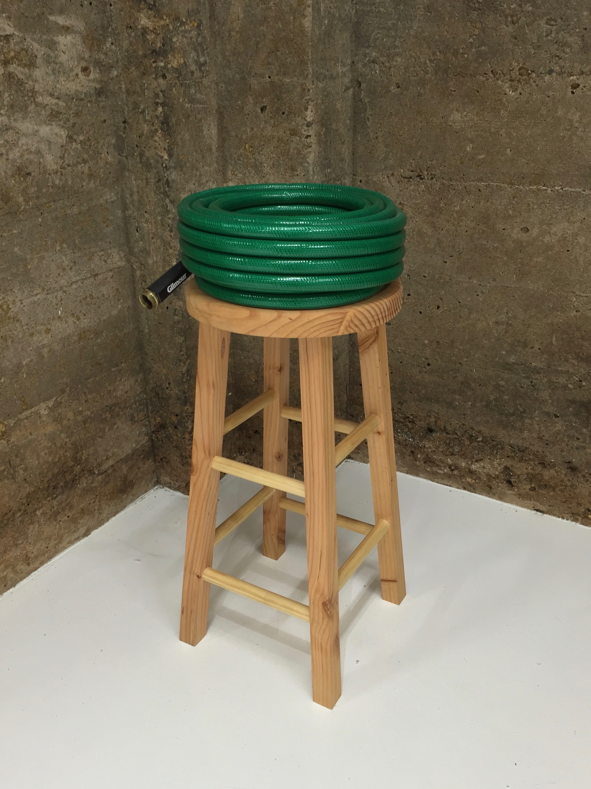 Haynes Riley, Pedestal (#5), 2016, Wood, Garden Water Hose, 30" x 12" x 12", from the An Attitude You Can Wear exhibition, Tops Gallery (June- August 2016)