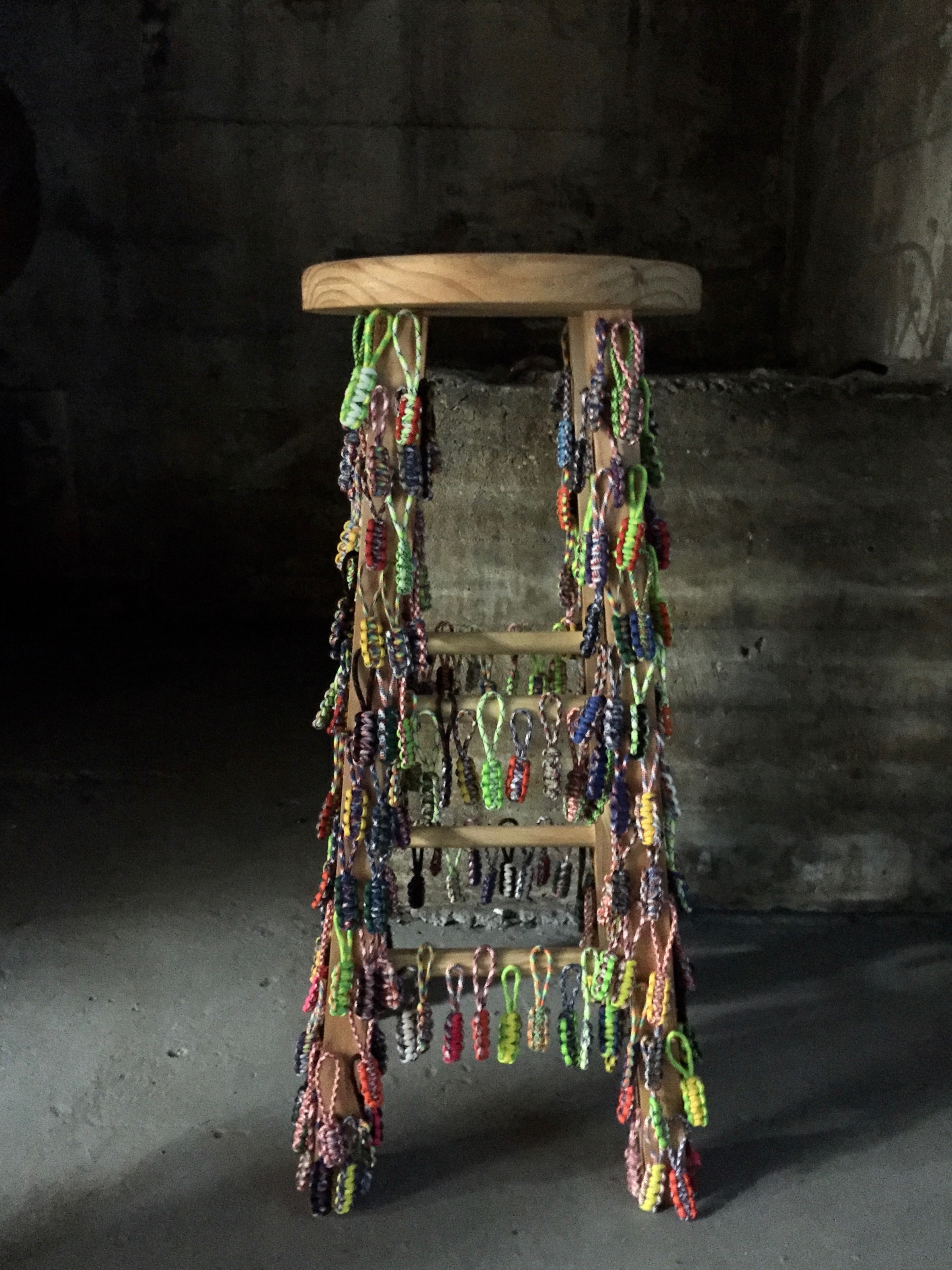 Haynes Riley, Pedestal (George), 2016, Zipper Pulls from Cam's Custom Paracords, wood, nails, 13" x 30" x 13", from the An Attitude You Can Wear exhibition, Tops Gallery (June- August 2016)