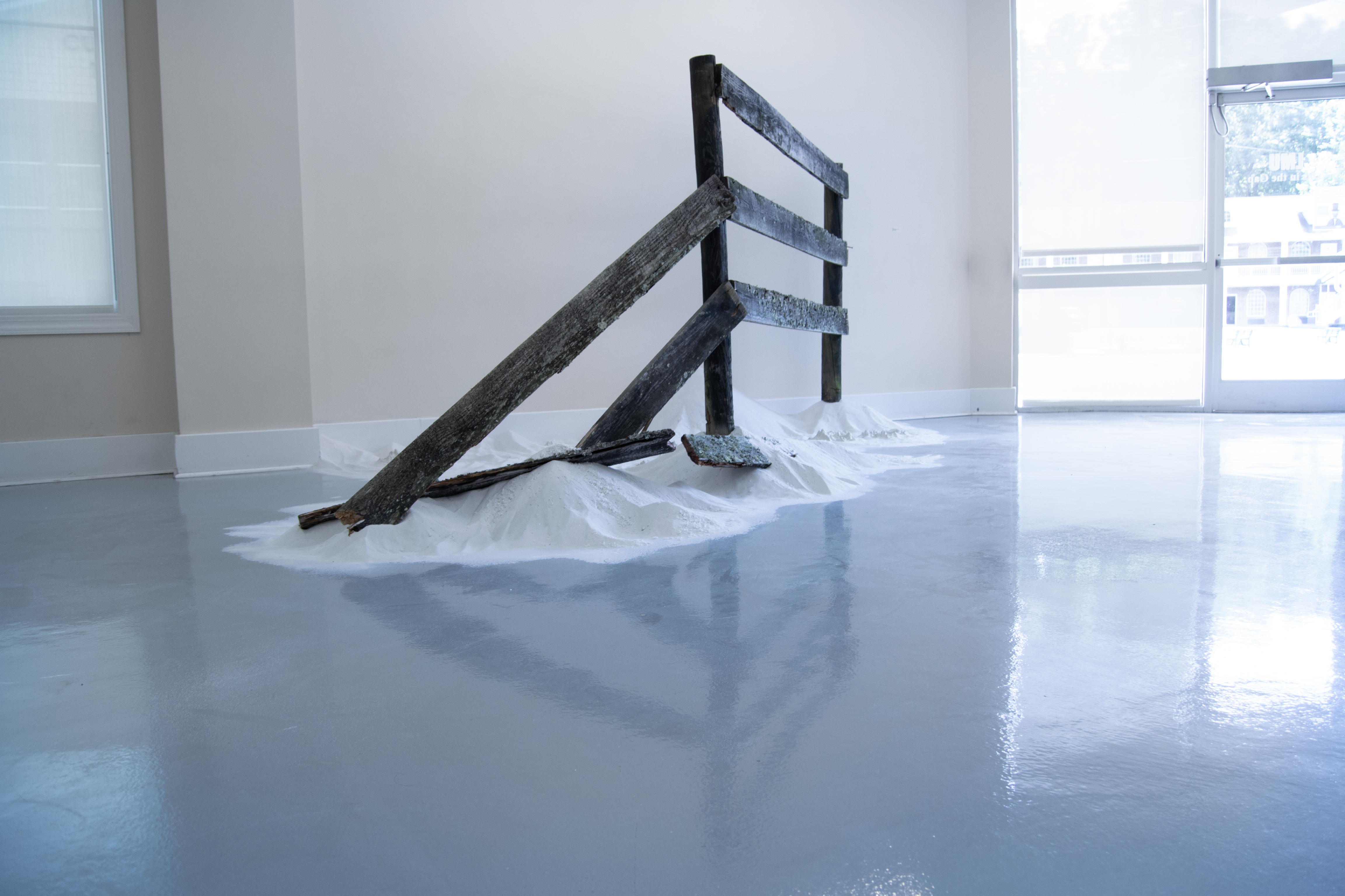 Caroline Hatfield, Impart, 2020, dimensions variable/approximate, 14' x 7' x 6', found object, ceramic, glass, sand, salt