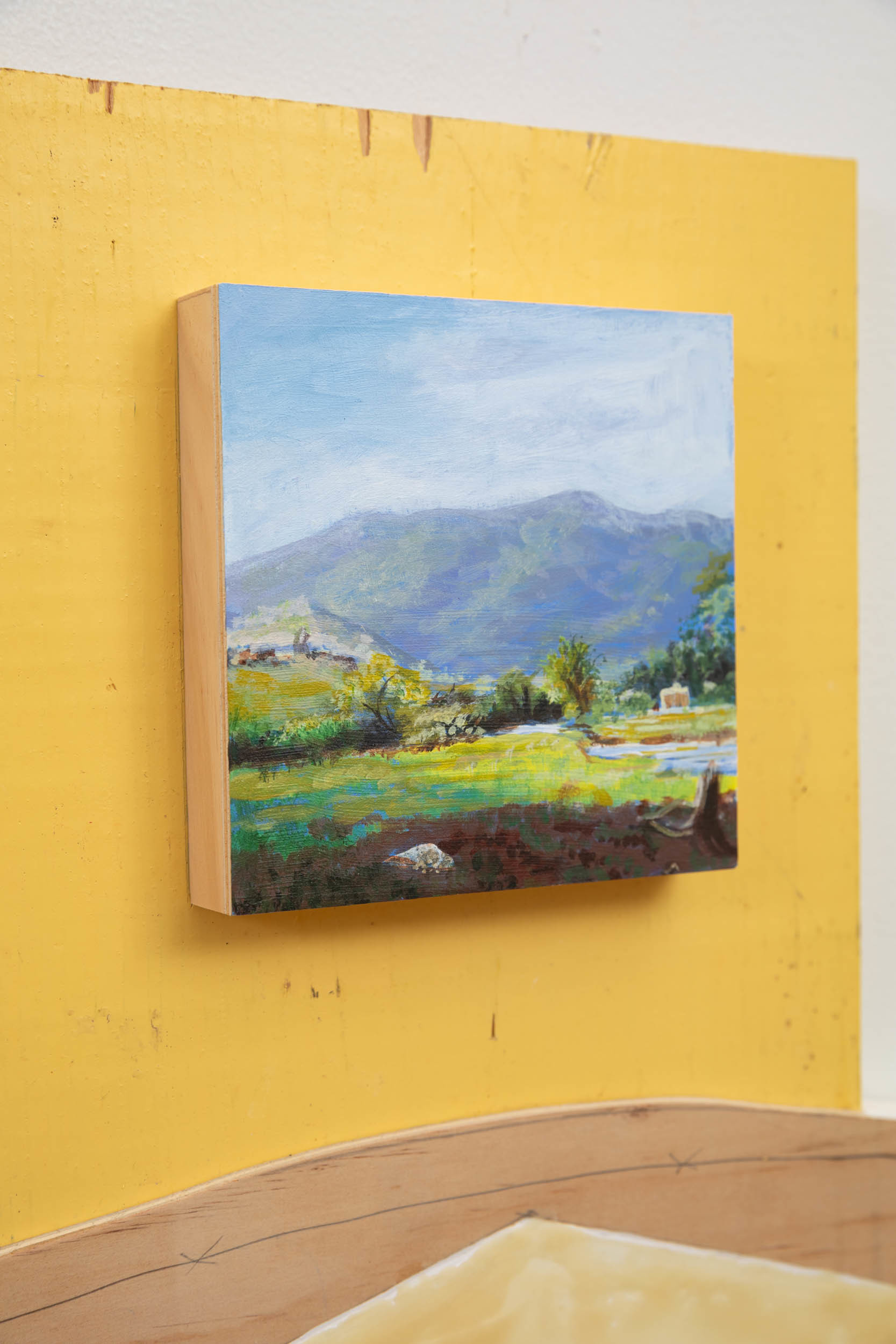 Jennifer Pepper, A Sunnier Realm of Light (details), 2023, wood, pigment, wax, plastic, oil pigment, 27" x 31"