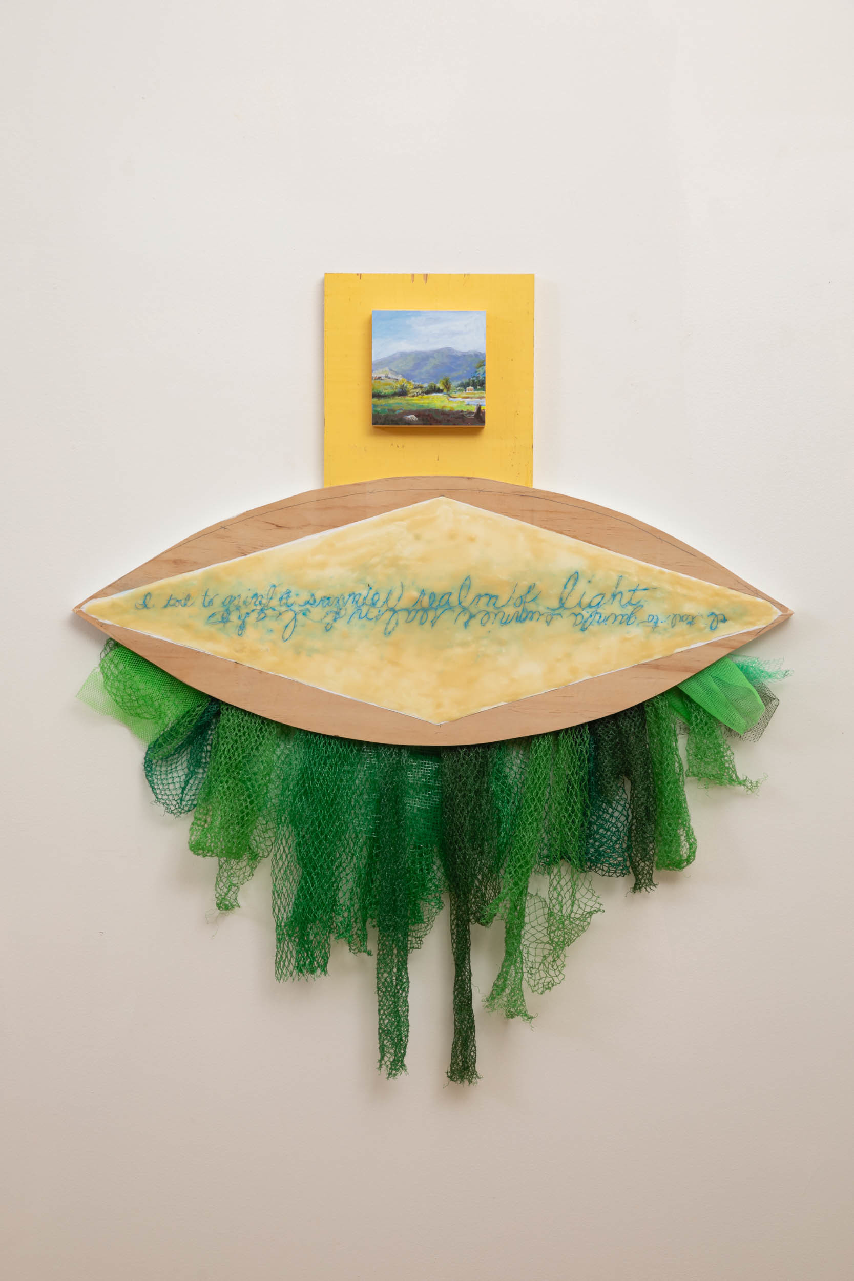 Jennifer Pepper, A Sunnier Realm of Light, 2023, wood, pigment, wax, plastic, oil pigment, 27" x 31"