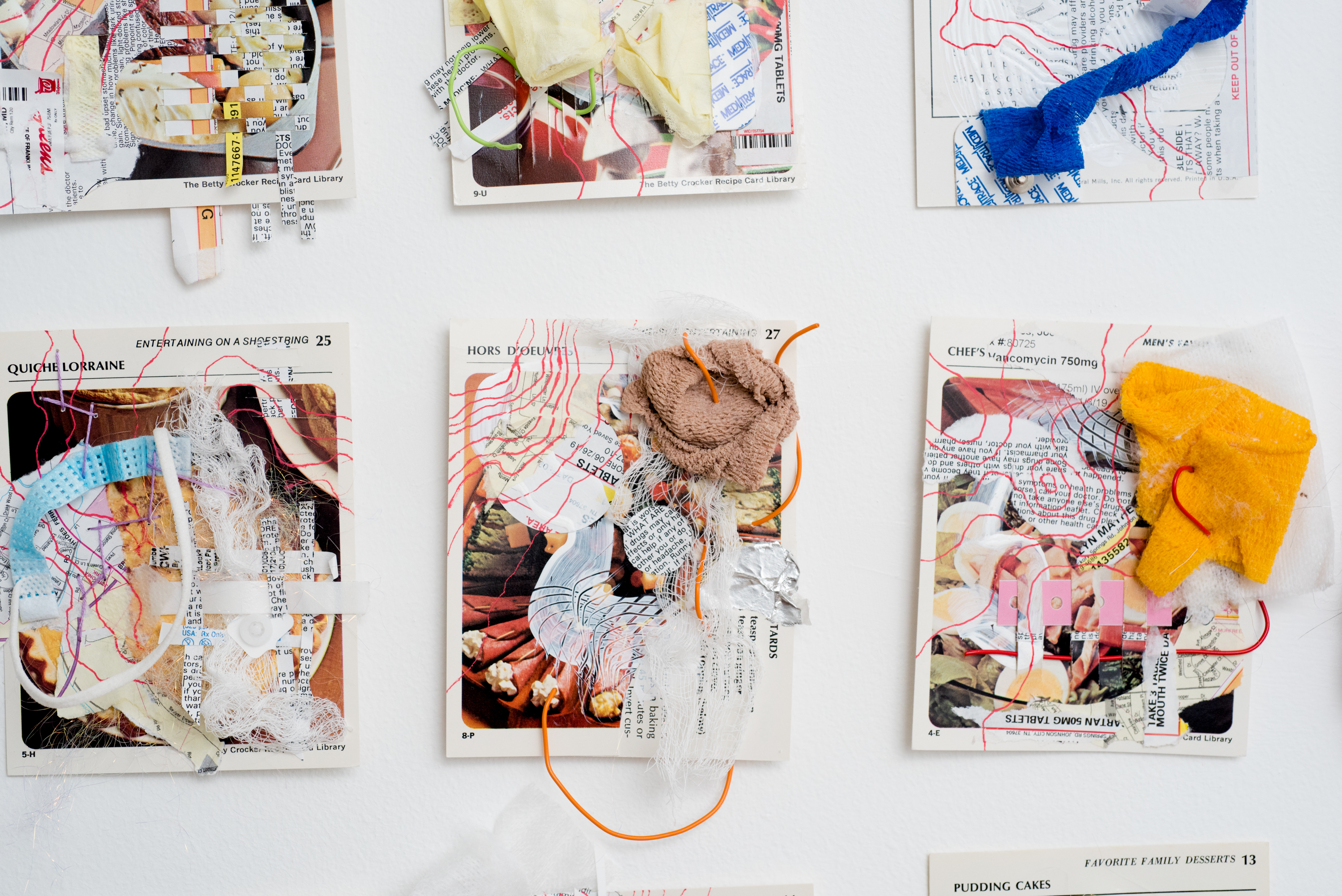 Jocelyn Mathewes, 30 Days (detail), 2021, set of mixed-media collages constructed using vintage Betty Crocker recipe cards, road maps, vellum, embroidery, ink, paint, cyanotype, prescription information sheets, medical detritus gauze, hospital bracelets and wire, 36” x 36” Jocelyn Mathewes, 30 Days (detail), 2021, set of mixed-media collages constructed using vintage Betty Crocker recipe cards, road maps, vellum, embroidery, ink, paint, cyanotype, prescription information sheets, medical detritus gauze, hospital bracelets and wire, 36” x 36”