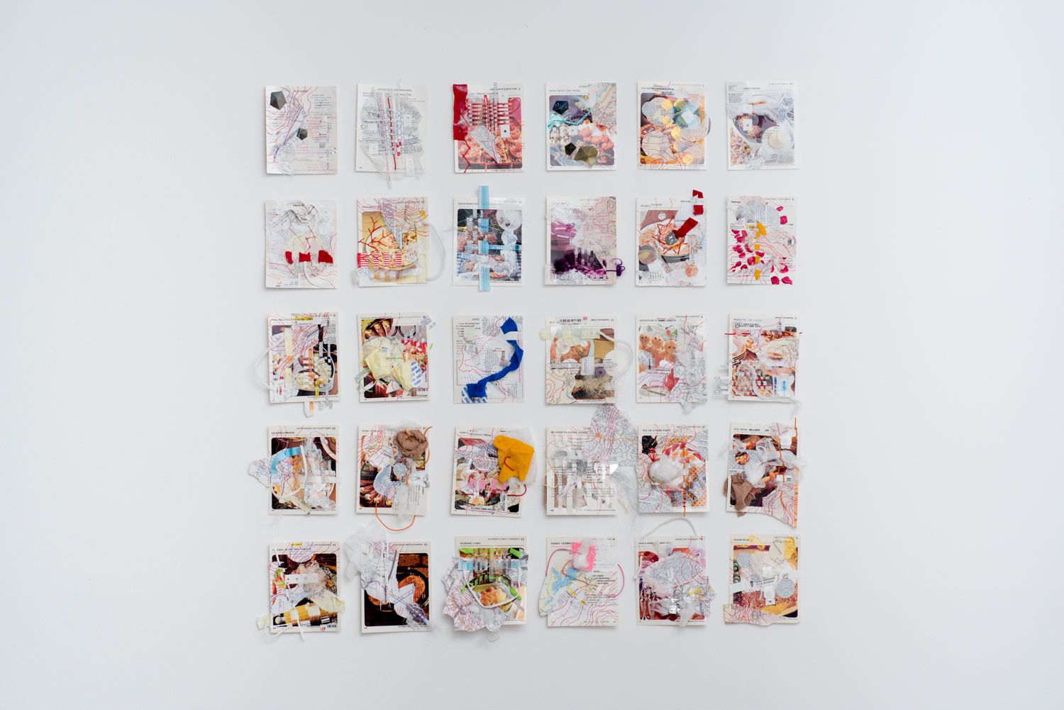 Jocelyn Mathewes, 30 Days, 2021, set of mixed-media collages constructed using vintage Betty Crocker recipe cards, road maps, vellum, embroidery, ink, paint, cyanotype, prescription information sheets, medical detritus gauze, hospital bracelets and wire, 36” x 36” Jocelyn Mathewes, 30 Days, 2021, set of mixed-media collages constructed using vintage Betty Crocker recipe cards, road maps, vellum, embroidery, ink, paint, cyanotype, prescription information sheets, medical detritus gauze, hospital bracelets and wire, 36” x 36”