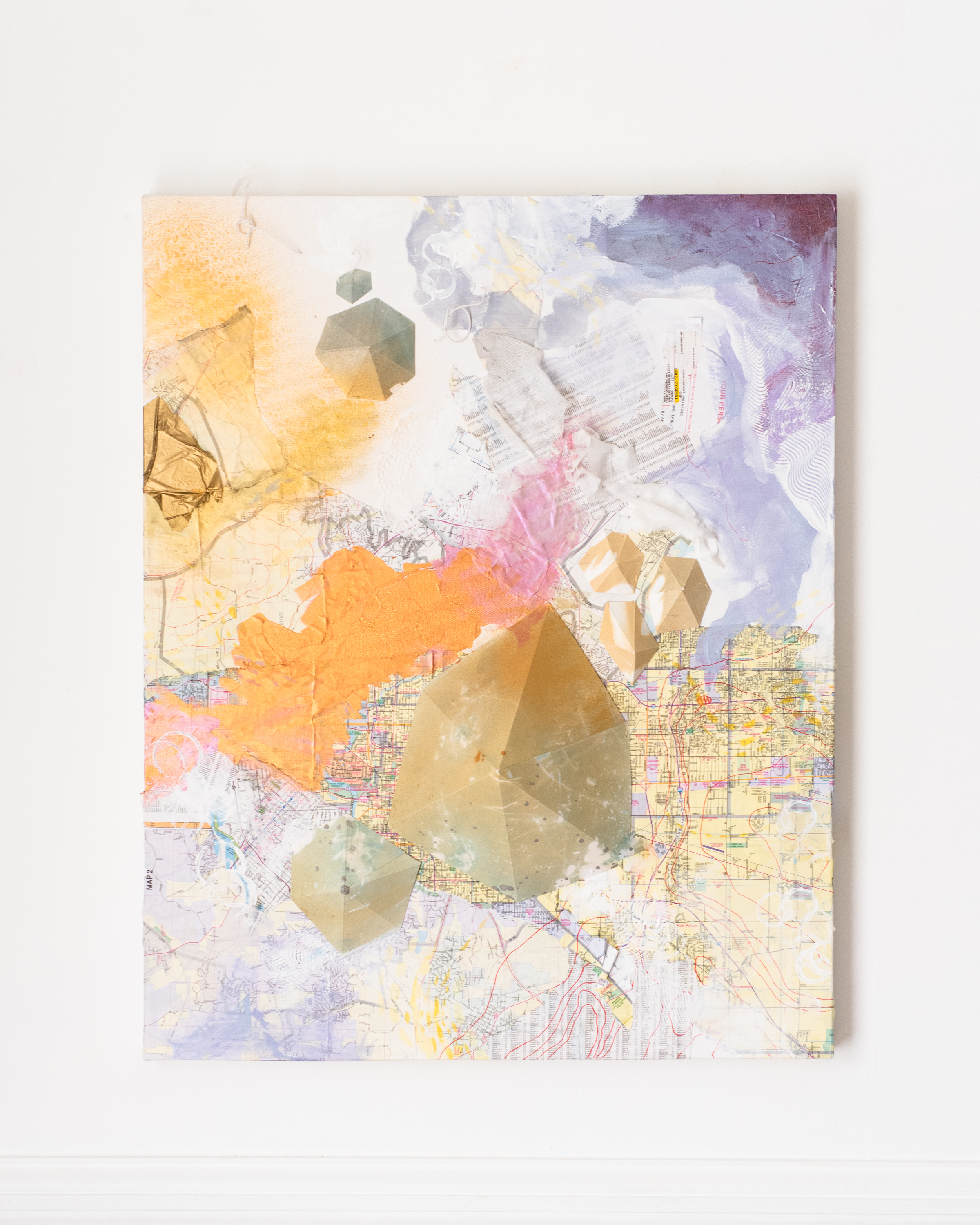 Jocelyn Mathewes, Do I want to be made well?, 2022, vintage road maps, cyanotype origami shapes, acrylic paint, glitter, spray paint, gel pens, cotton gauze, medical wrap, prescription sheets on canvas, 24” x 20” Jocelyn Mathewes, Do I want to be made well?, 2022, vintage road maps, cyanotype origami shapes, acrylic paint, glitter, spray paint, gel pens, cotton gauze, medical wrap, prescription sheets on canvas, 24” x 20”