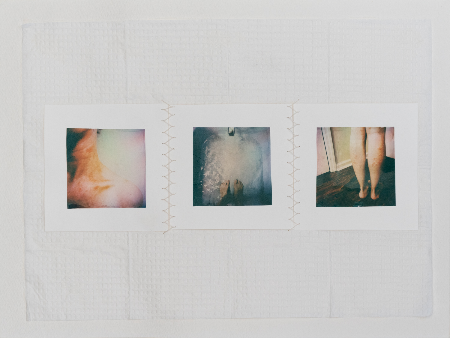 Jocelyn Mathewes, The Water Was Troubled (Wound Repair in a Sterile Environment), 2024, Polaroid emulsion lifts on paper, sewn onto gauze, 11” x 15” Jocelyn Mathewes, The Water Was Troubled (Wound Repair in a Sterile Environment), 2024, Polaroid emulsion lifts on paper, sewn onto gauze, 11” x 15”