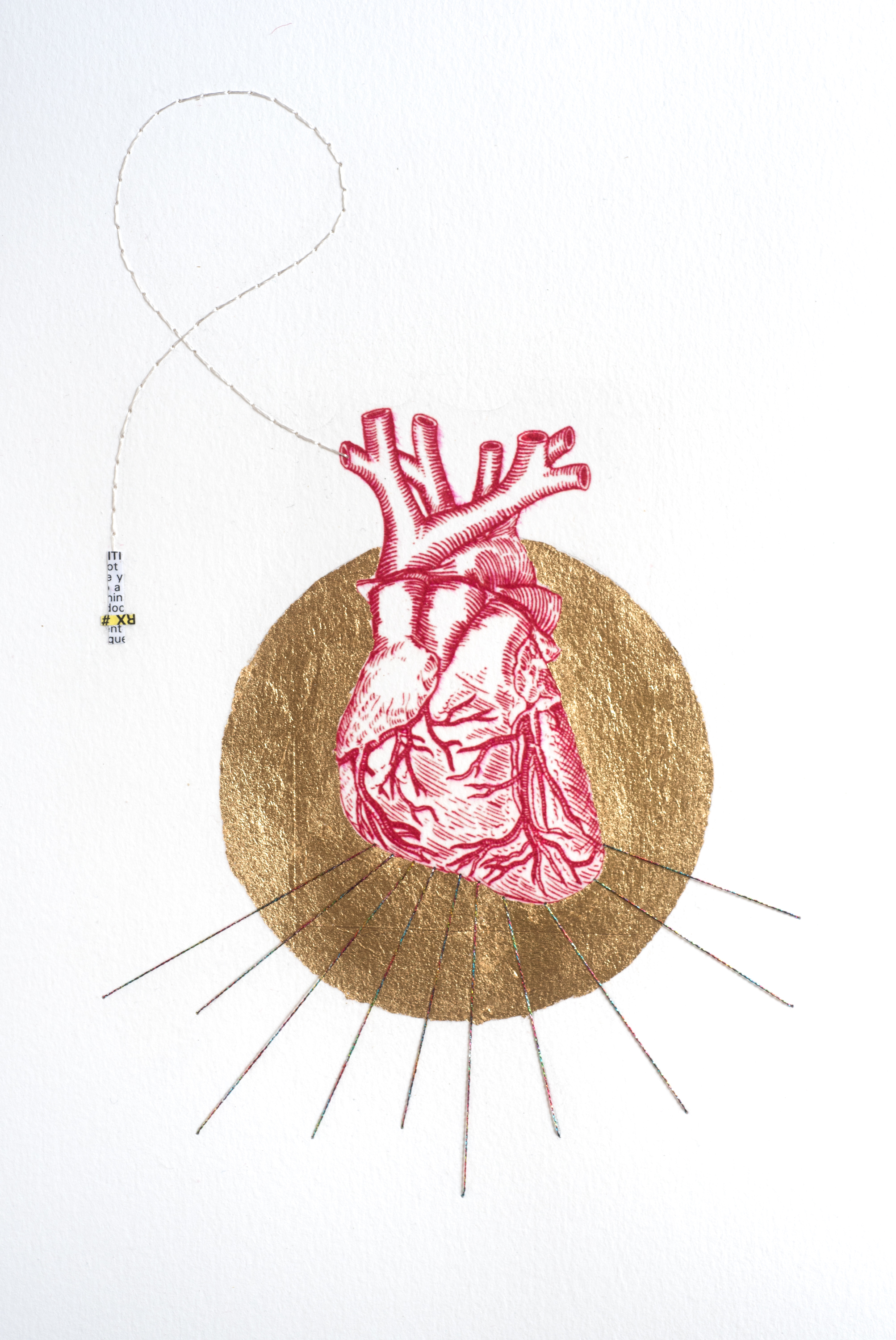 Jocelyn Mathewes, The Heart Size is Unremarkable 1, 2019, image transfer on watercolor paper, metal leaf, collage, embroidery, 9” x 12” Jocelyn Mathewes, The Heart Size is Unremarkable 1, 2019, image transfer on watercolor paper, metal leaf, collage, embroidery, 9” x 12”