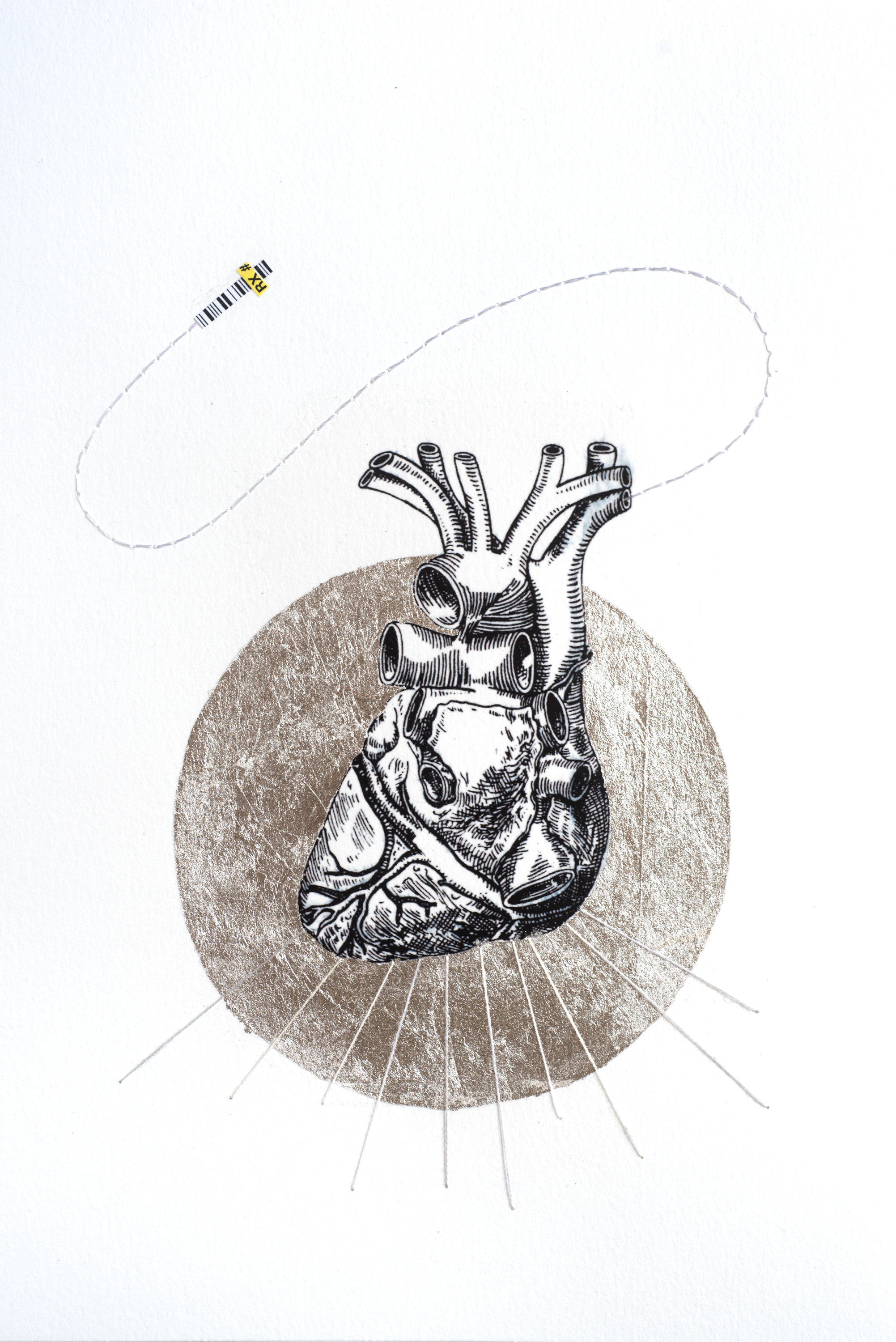 Jocelyn Mathewes, The Heart Size is Unremarkable 2, 2019, image transfer on watercolor paper, metal leaf, collage, embroidery, 9” x 12” Jocelyn Mathewes, The Heart Size is Unremarkable 2, 2019, image transfer on watercolor paper, metal leaf, collage, embroidery, 9” x 12”