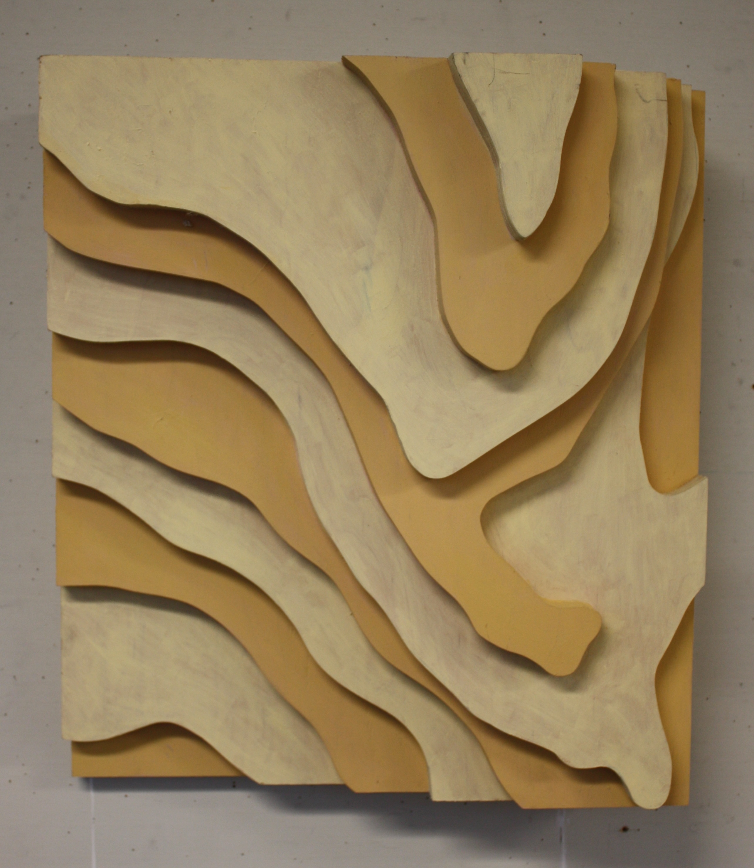 Joe Letitia, Kaaterskill Falls after Thomas Cole, panels 1 and 2, elevation 3D sketch, 1995, oil on laminated birch plywood, 16” x 18” x 8” (derived from topographic map of area Thomas Cole painted – top panel are the elevation lines in between those in the bottom panel)