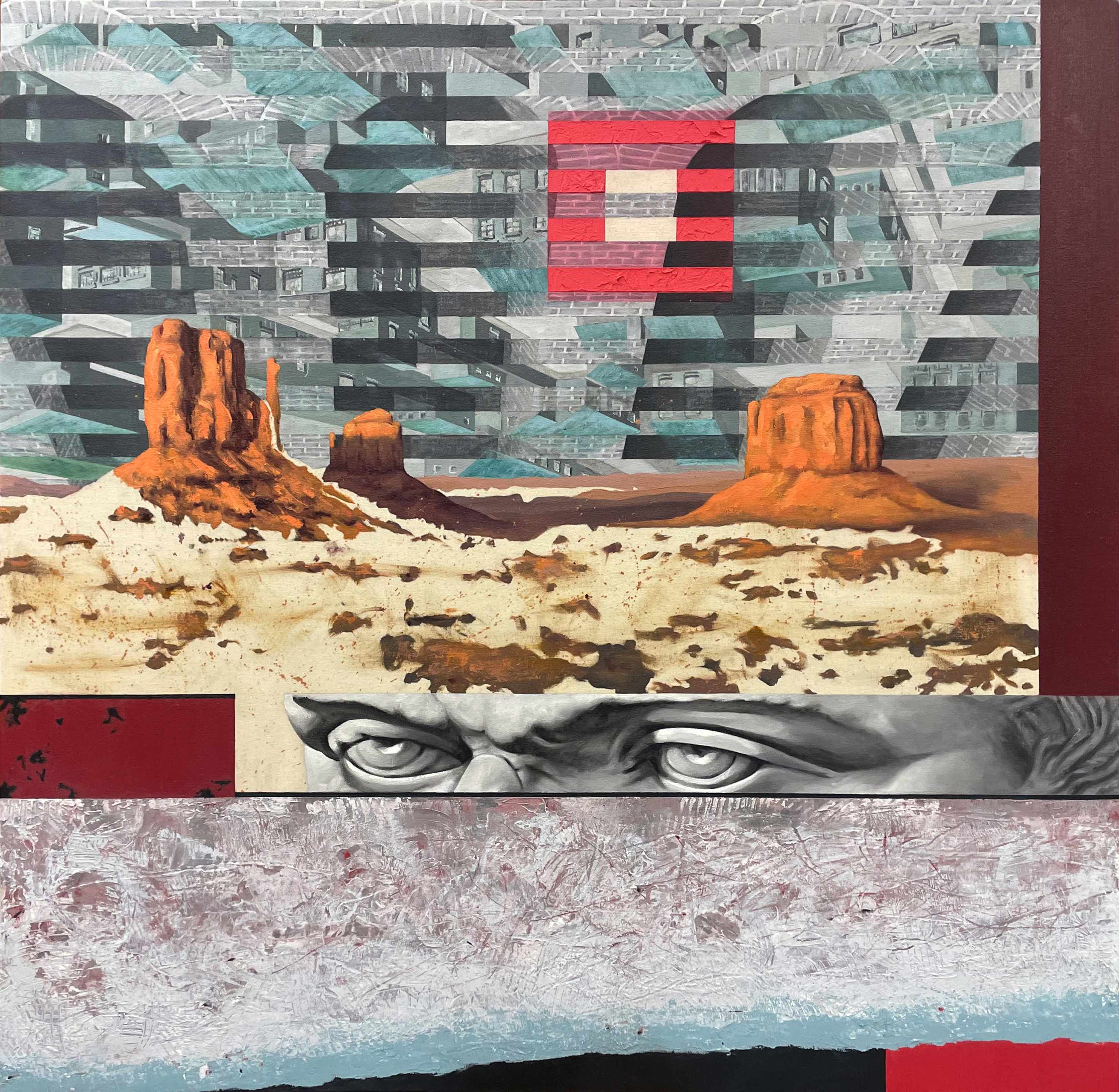 Donald Keefe, Manifest Destiny, 2021, oil on canvas over panel, 40" x 41" x 2"