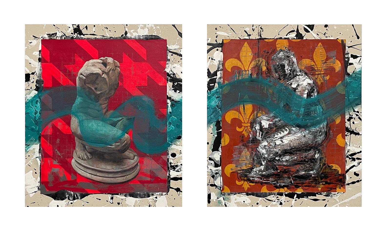 Donald Keefe, Post-Antiquities (Diptych), 2022, oil, acrylic, paper on canvas over panel, 24” x 20” per panel