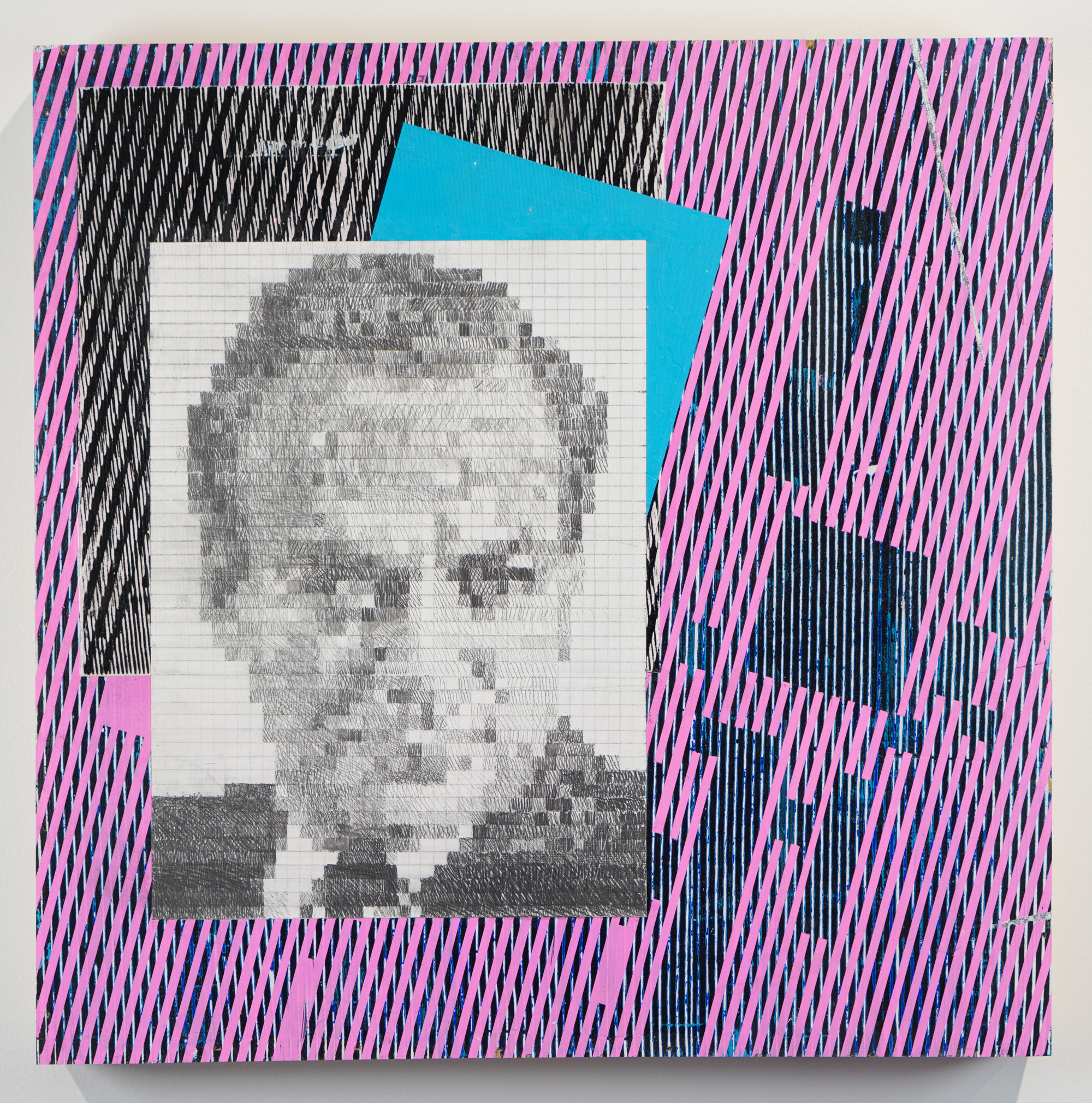 Heath Montgomery, Everything in Nature is Natural (Feynman Pixel Portrait), 2021, acrylic, gesso, graphite on wood