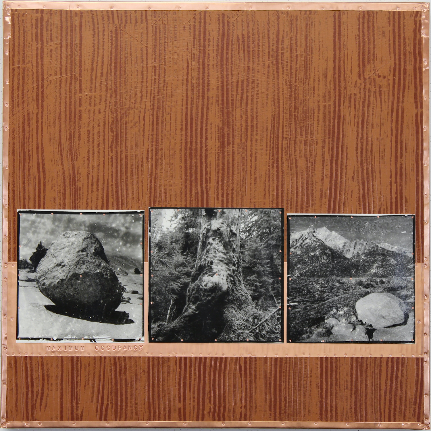 David Underwood, Maximum Occupancy, 2024, acrylic, liquid emulsion silver gelatin photographs on paper, embossed text on copper sheet metal, copper nails, and clear varnishes on wood, with a custom copper metal frame, 30” x 30” x 3”