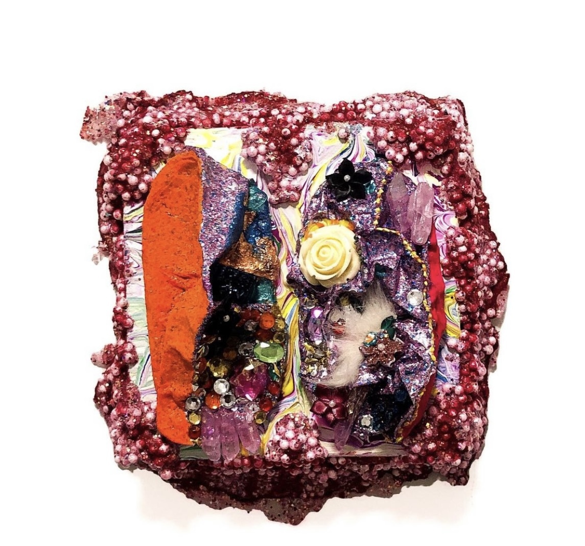 Kirby Miles, Purification|Clarification, acrylic, styrofoam, ink, cardboard, plastic gems, glitter, faux fur, 2021