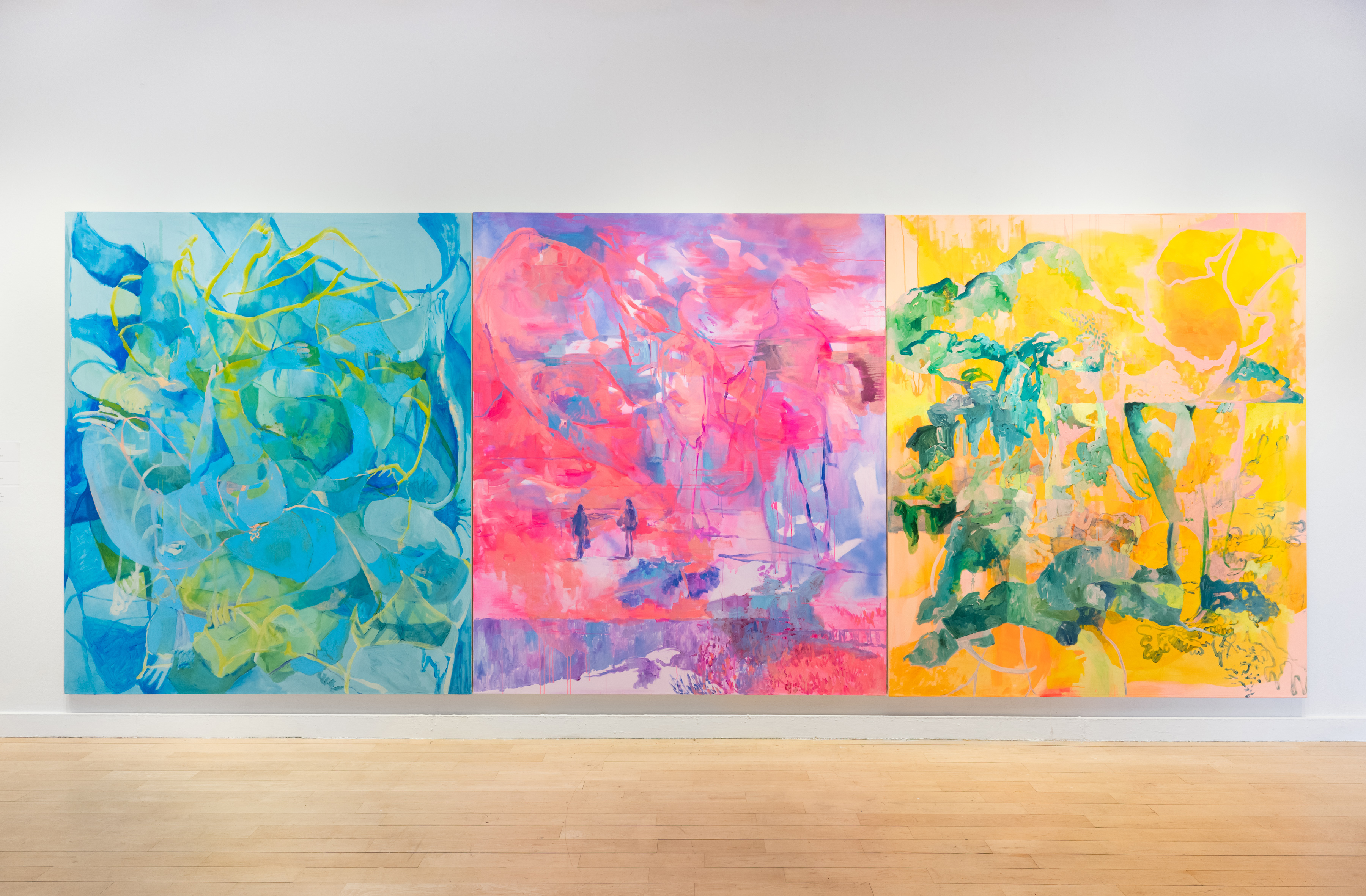Katie Thompson Murphy, Some Inward Maze, 2025, acrylic on canvas, 84 x 72 inches, (left), Light and Languor, 2025, acrylic on canvas, 84 x 72 inches, (center), A Plunge at Daylight, 2025, acrylic and oil on canvas, 84 x 72 inches (right)