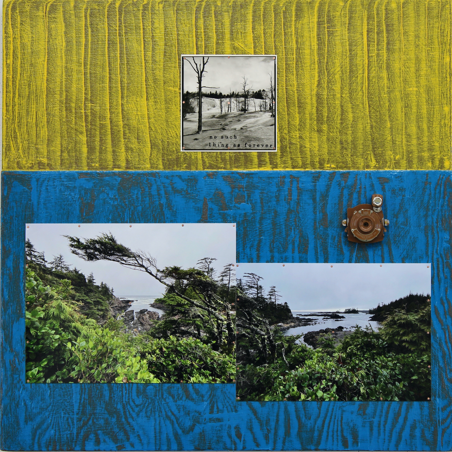David Underwood, No Such Thing As Forever, 2025, color photographs, ink on a silver gelatin photograph, acrylic, the lens from an antique Kodak folding camera, copper & steel nails, and clear varnishes on wood, 30" x 30" x 3.5"