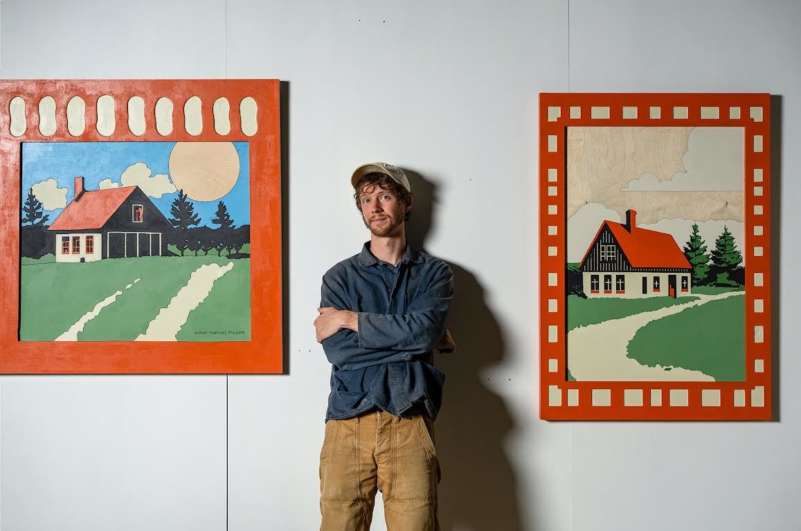 Noah Thomas Miller, Studio in downtown Memphis Tennessee, photograph by Brody Kuhar. Left: “A Hideaway” house paint on layered & carved pieces on baltic birch wood, 36” x 36” Right: "Solitude in a Large Red Frame” house paint on layered & carved pieces of baltic birch wood, 301⁄2" x 431⁄2”
