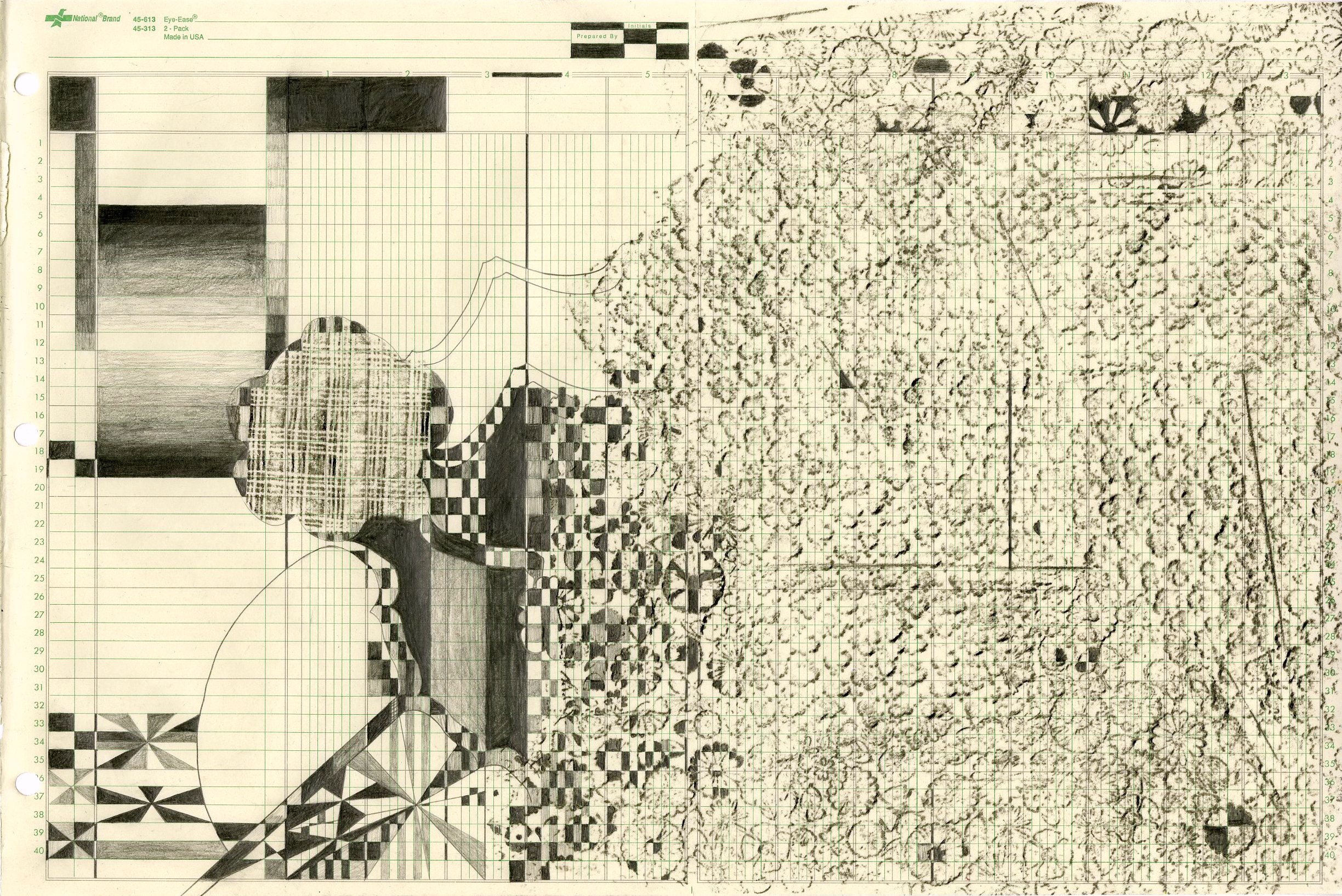 Lynne Ghenov, Prepared By Initials, 2016, graphite on found ledger paper, 11" x 16 3/8″