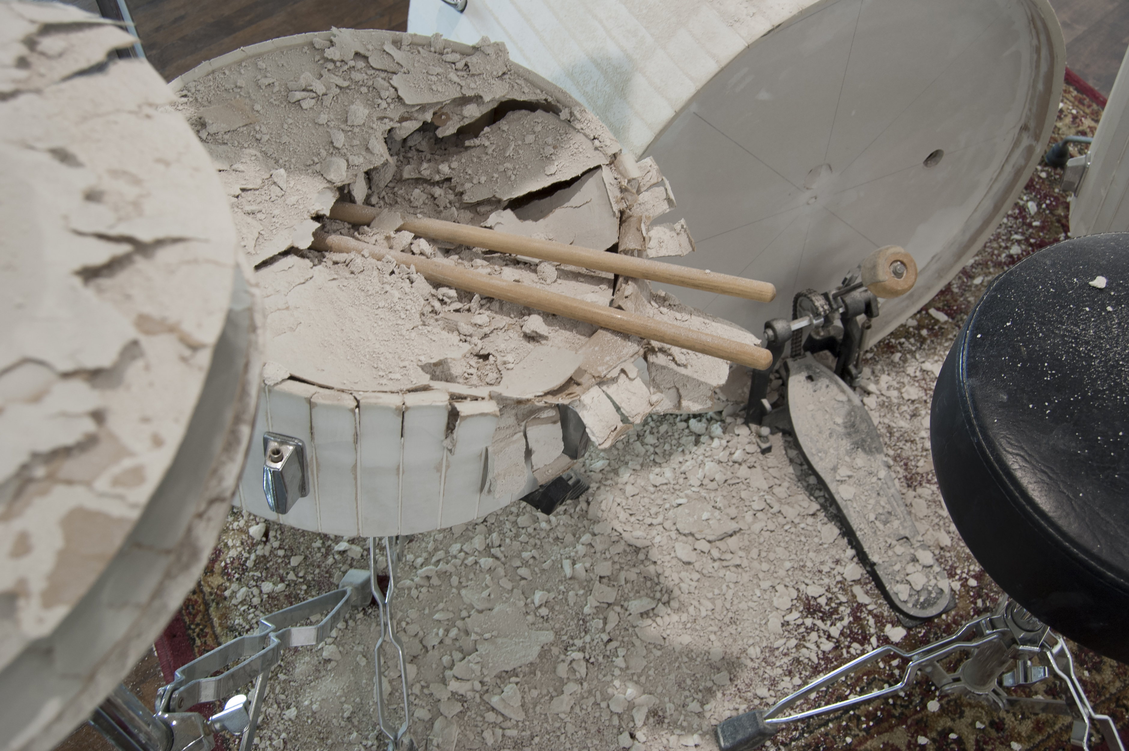 Scott Carter, Force Majeure (detail), drywall, drum set hardware (2013)