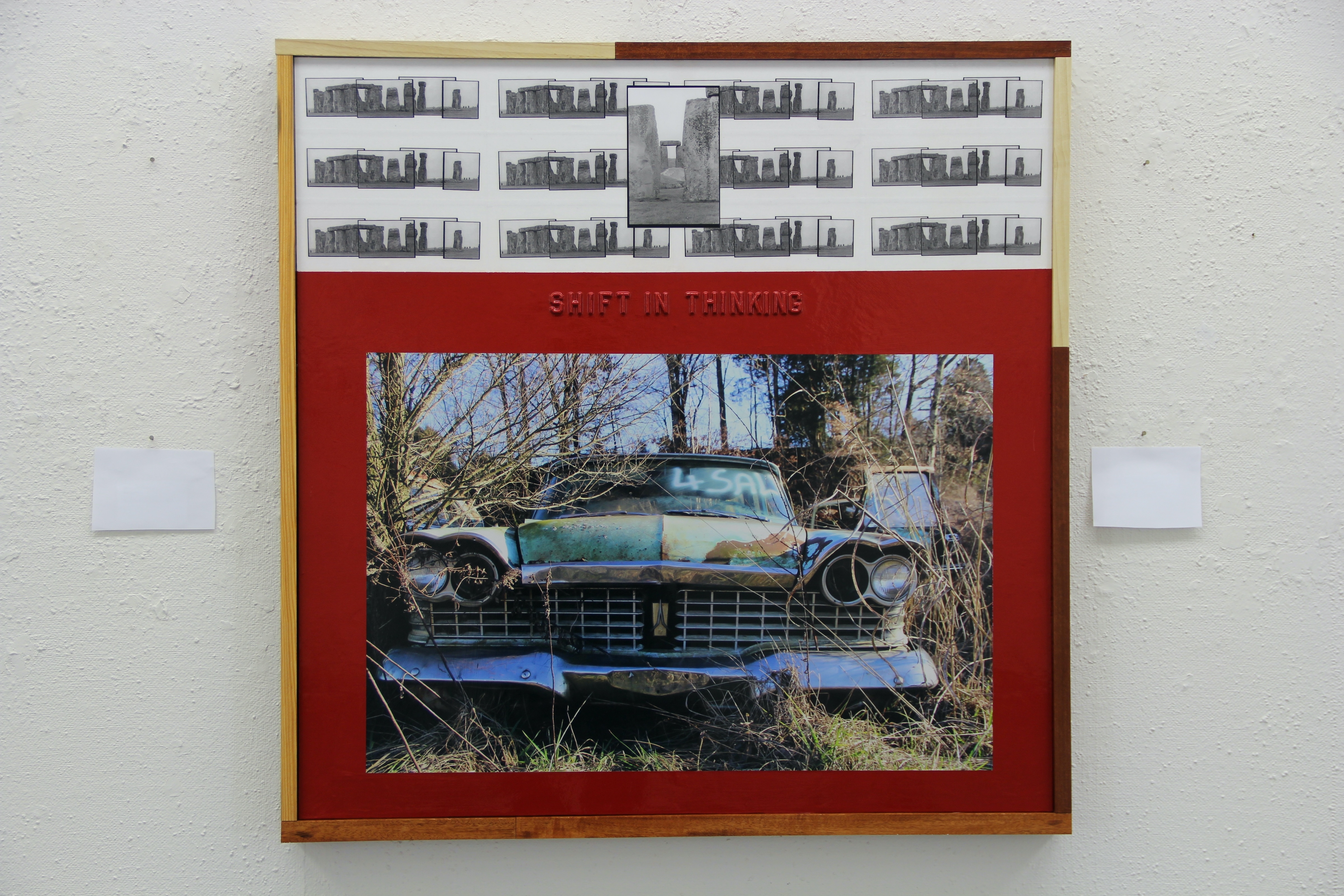 David Underwood, Shift In Thinking, 2012, acrylic, plastic lettering, original photographs, and clear over-varnishes on wood, with a funky hand-crafted mixed-species hardwood frame, 38" x 38" x 2"