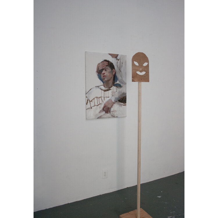 Morgan Ogilvie, (Painting with a mask in front of it) 1F Ammalati (Sick), Oil on Canvas with wood and paper cutout, 2019. 24√2 x 24 " (which approximates to 34 x 24 in.)