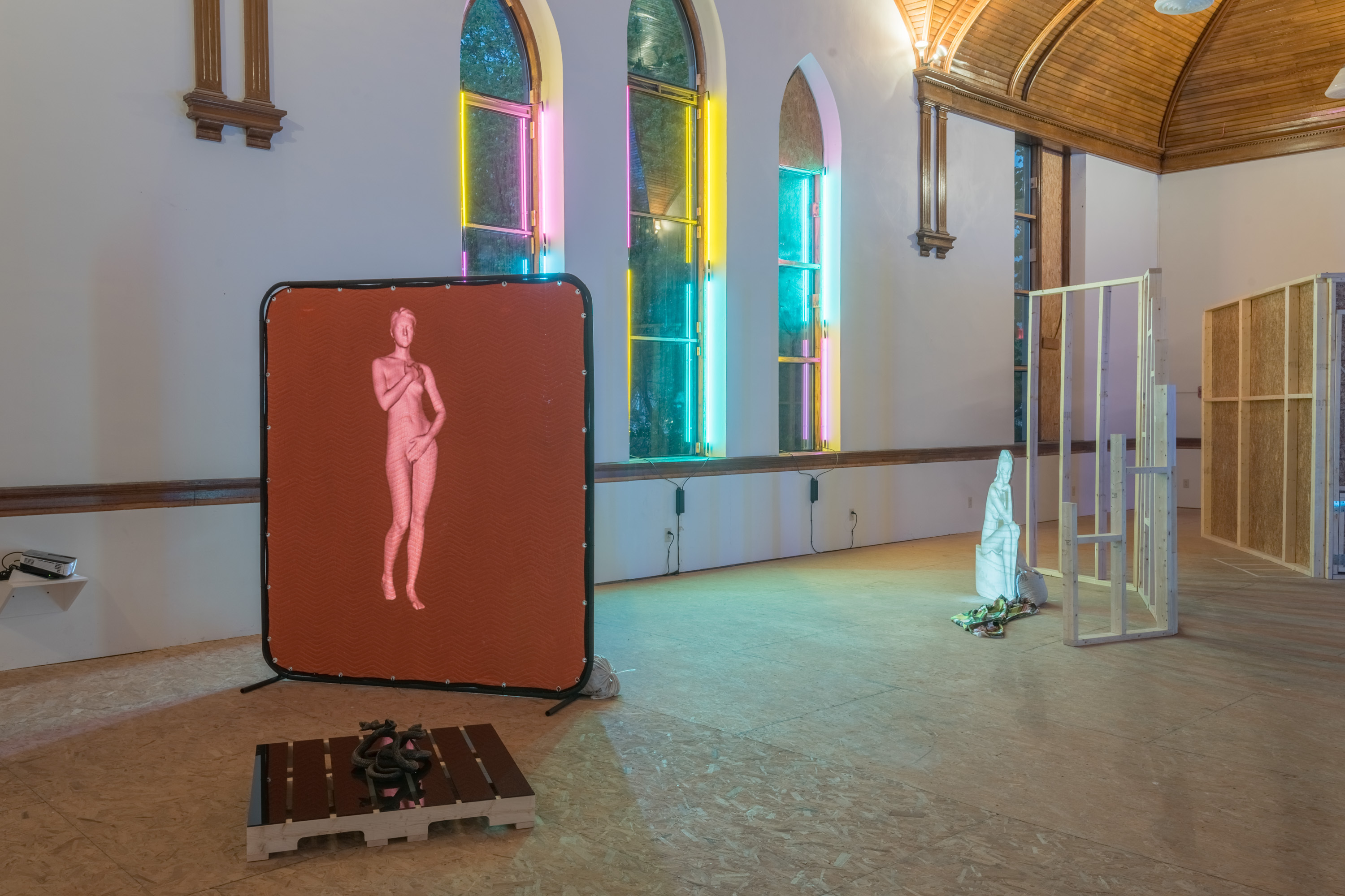 Sydni Gause, Subverting The Gaze, Installation, 3-d Body Scan, Glass, Wood, Light Media, Neon, Bronze, Moving Blanket, Silk, 2017