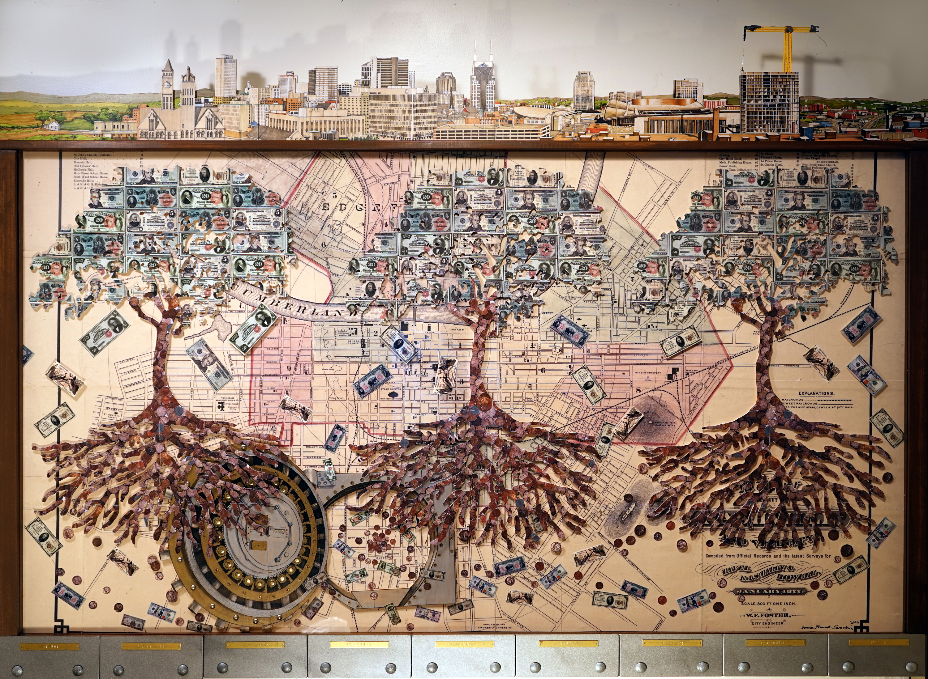 Denise Stewart-Sanabria, Progress of Banking, 2016, cut basswood and ink, archival pigment prints and foamcore, engraved metal, found objects in handbuilt frame, 48” x 72”