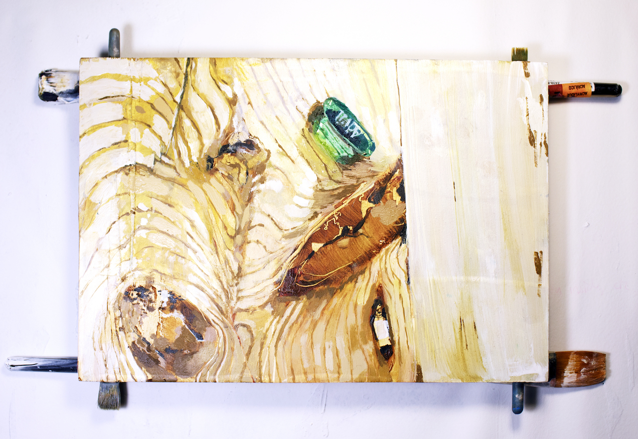Georganna Greene, Untitled (pine table, winter light, and advil), 2024, oil on panel mounted to unsalvageable paint brushes, 7" x 10” Georganna Greene, Untitled (pine table, winter light, and advil), 2024, oil on panel mounted to unsalvageable paint brushes, 7" x 10”