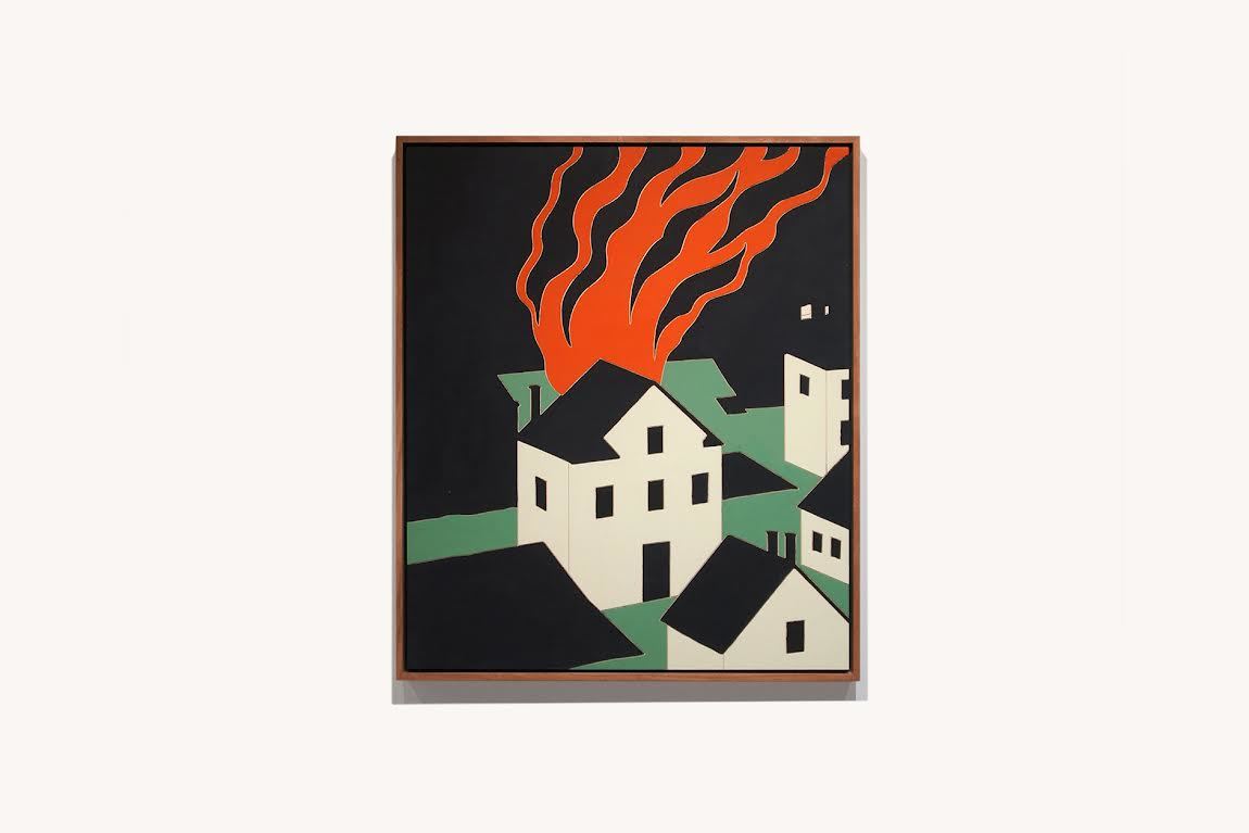 Noah Thomas Miller, Home on Fire, 2023, house paint on wood with a mahogany frame, 36" x 30"