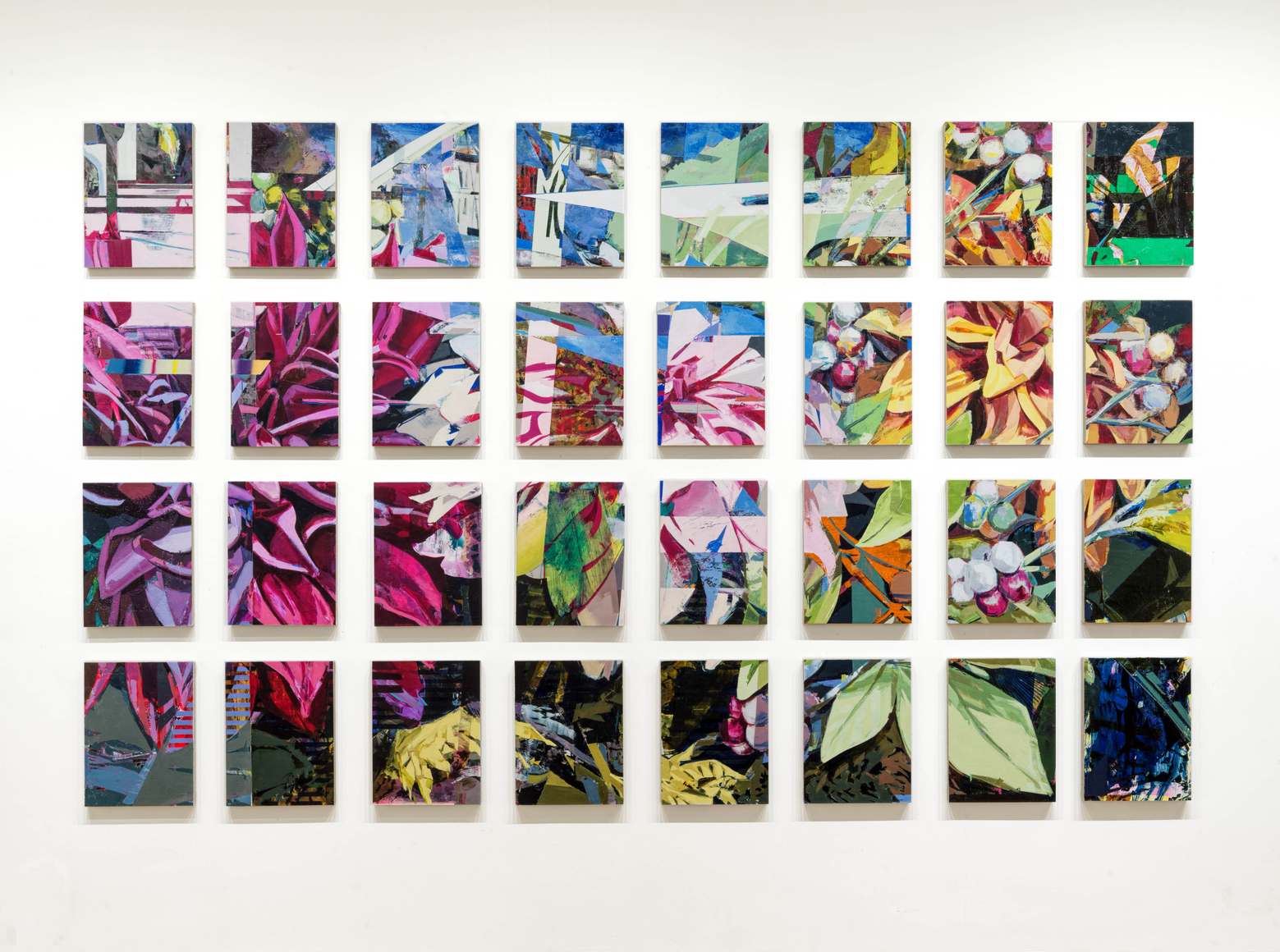 Jered Sprecher, Array, 2024, oil on paper mounted on 32 linen panels, 76 x 124 inches, photo by Bruce Cole, courtesy the artist and Ferrara Showman Gallery Jered Sprecher, Array, 2024, oil on paper mounted on 32 linen panels, 76 x 124 inches, photo by Bruce Cole, courtesy the artist and Ferrara Showman Gallery