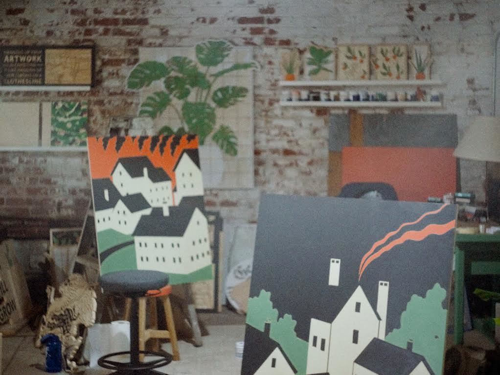 Noah Thomas Miller, Studio in downtown Memphis Tennessee, two paintings featured here from an exhibition called DAYS with “Day for Night” on the Left and “Untitled: Shadow of a House: on the Right.