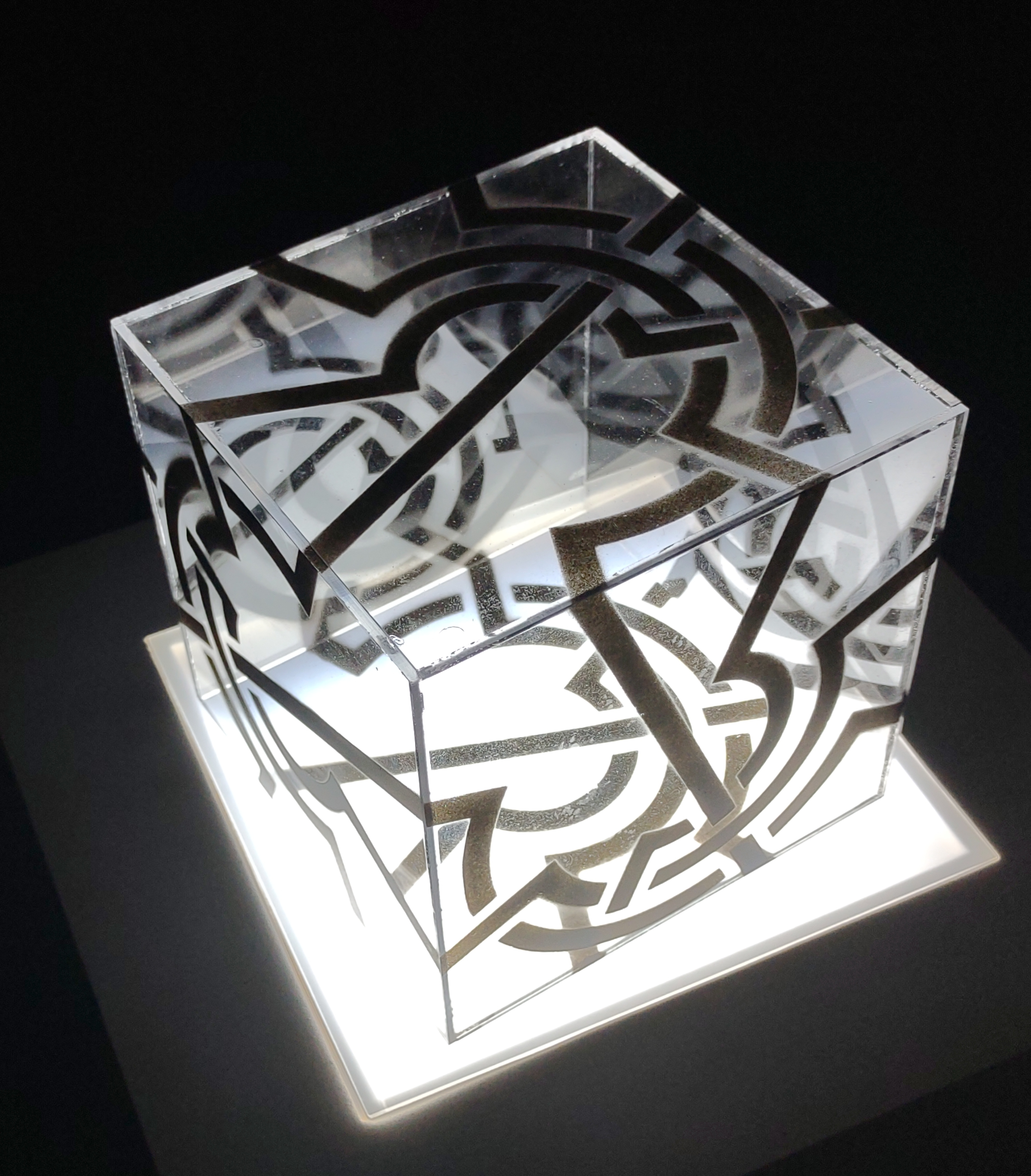Adam Rowe, "reversed metatronic solid (hexahedron)", polymethyl methacrylate, paint, the last breath of fresh air from 2019, 6" cube