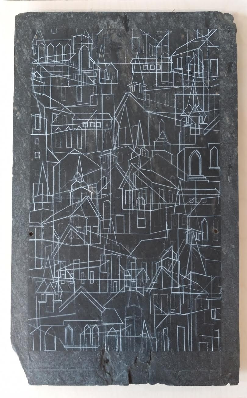 Joe Letitia, Chalkboard Lesson 6, 2023, pastel and prismacolor pencil on slate roofing tile, 12” x 20”